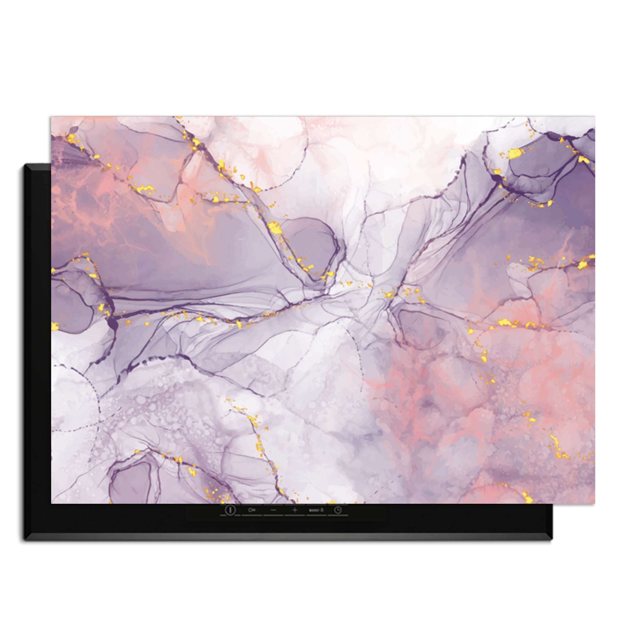Lavendelmarmor - Herdabdeckplatte mit elegantem Design in Lavendel- und Pfirsichtönen mit goldenen Akzenten.