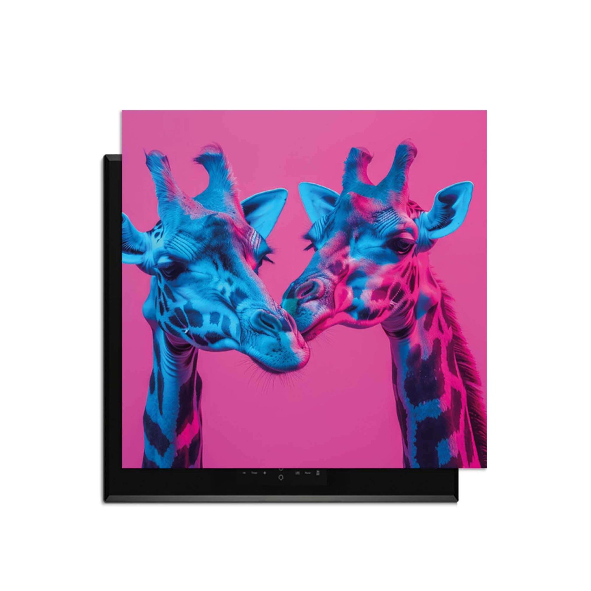 Neon Romance - Herdabdeckplatte mit zwei anmutigen Giraffen im Neonlicht auf einem leuchtenden Hintergrund.