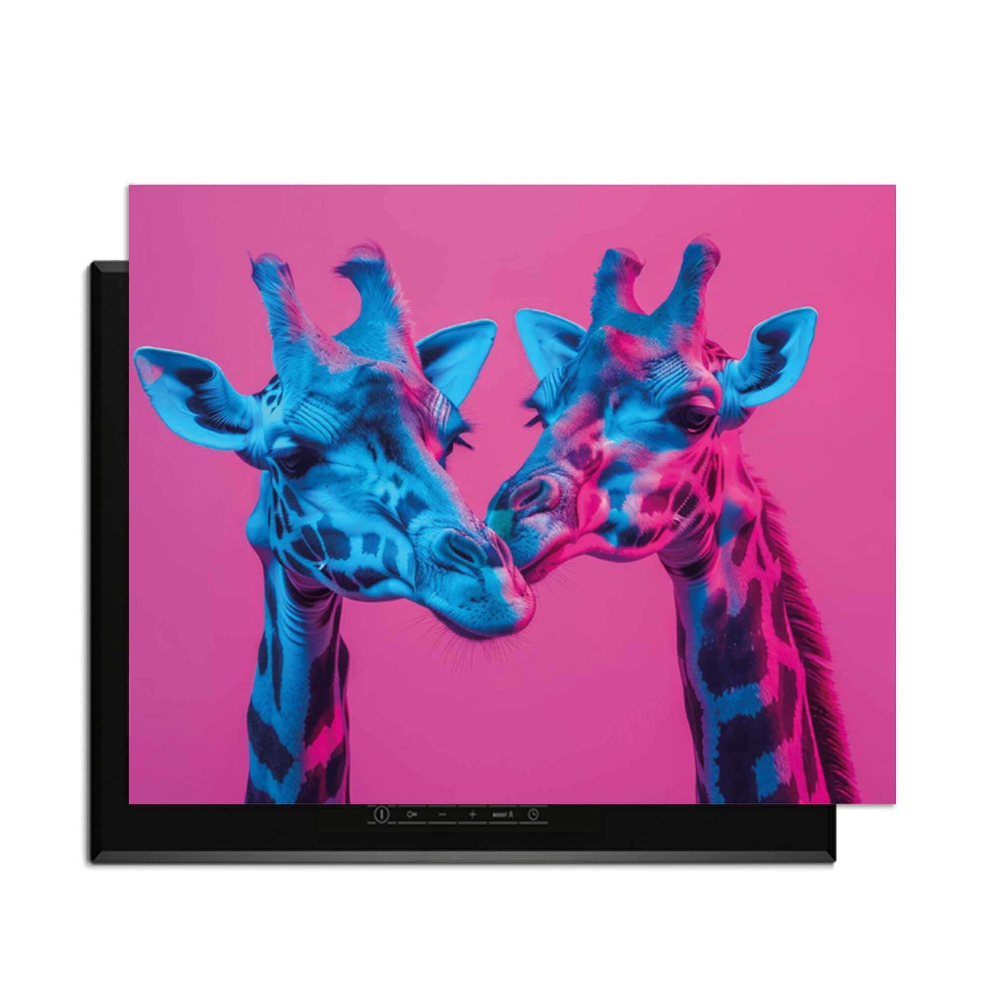 Neon Romance - Herdabdeckplatte mit zwei Neon-Giraffen in einer farbenfrohen Küche