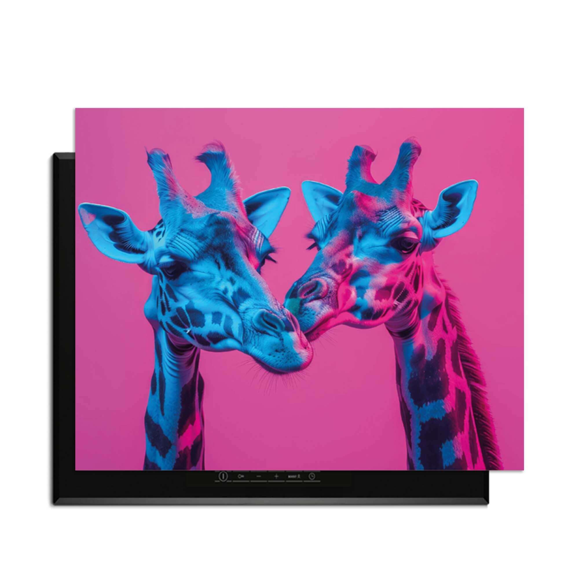 Neon Romance - Herdabdeckplatte mit zwei Neon-Giraffen in einer farbenfrohen Küche