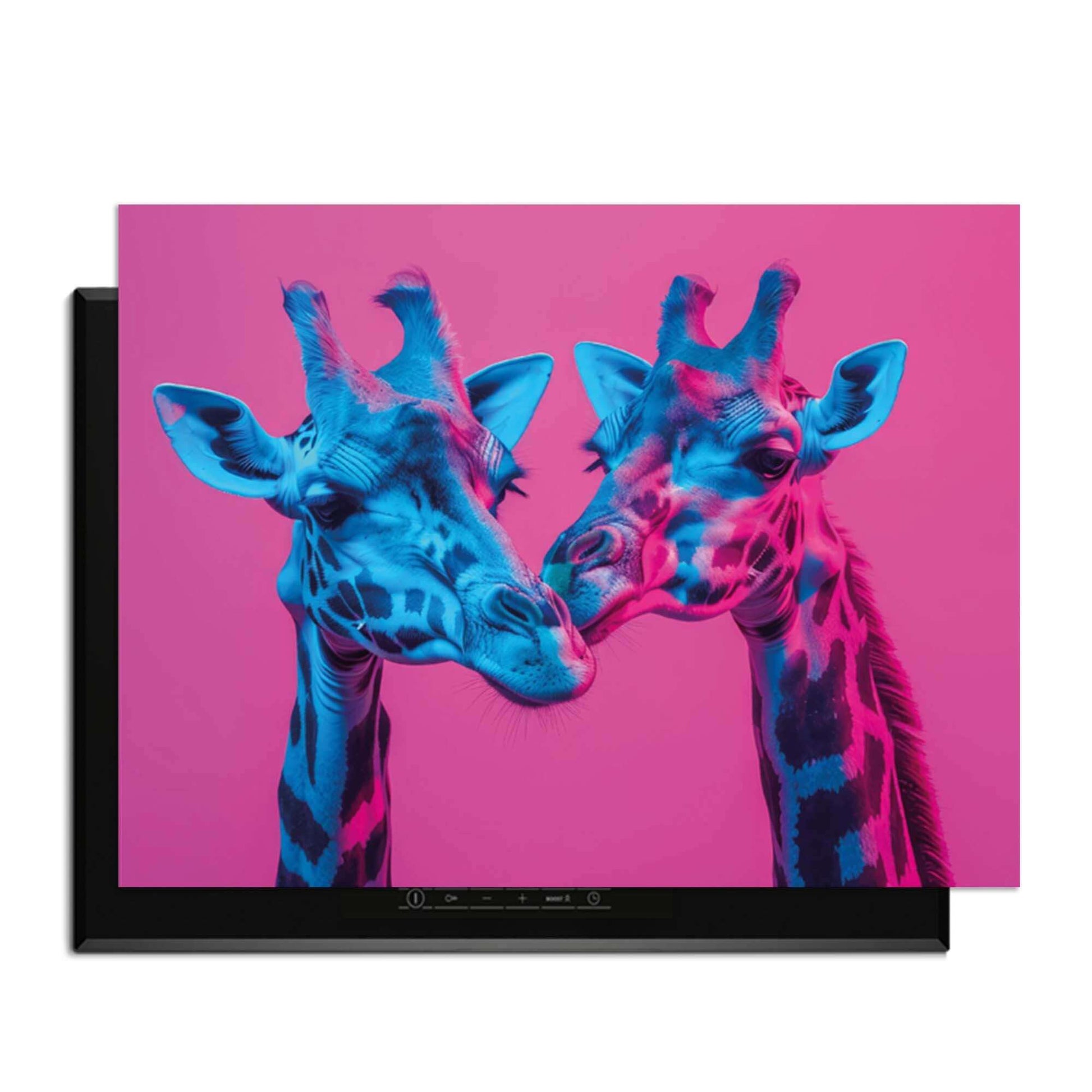 Neon Romance - Herdabdeckplatte mit anmutigen Giraffen im Neonlicht, perfekt für eine lebendige Küche.