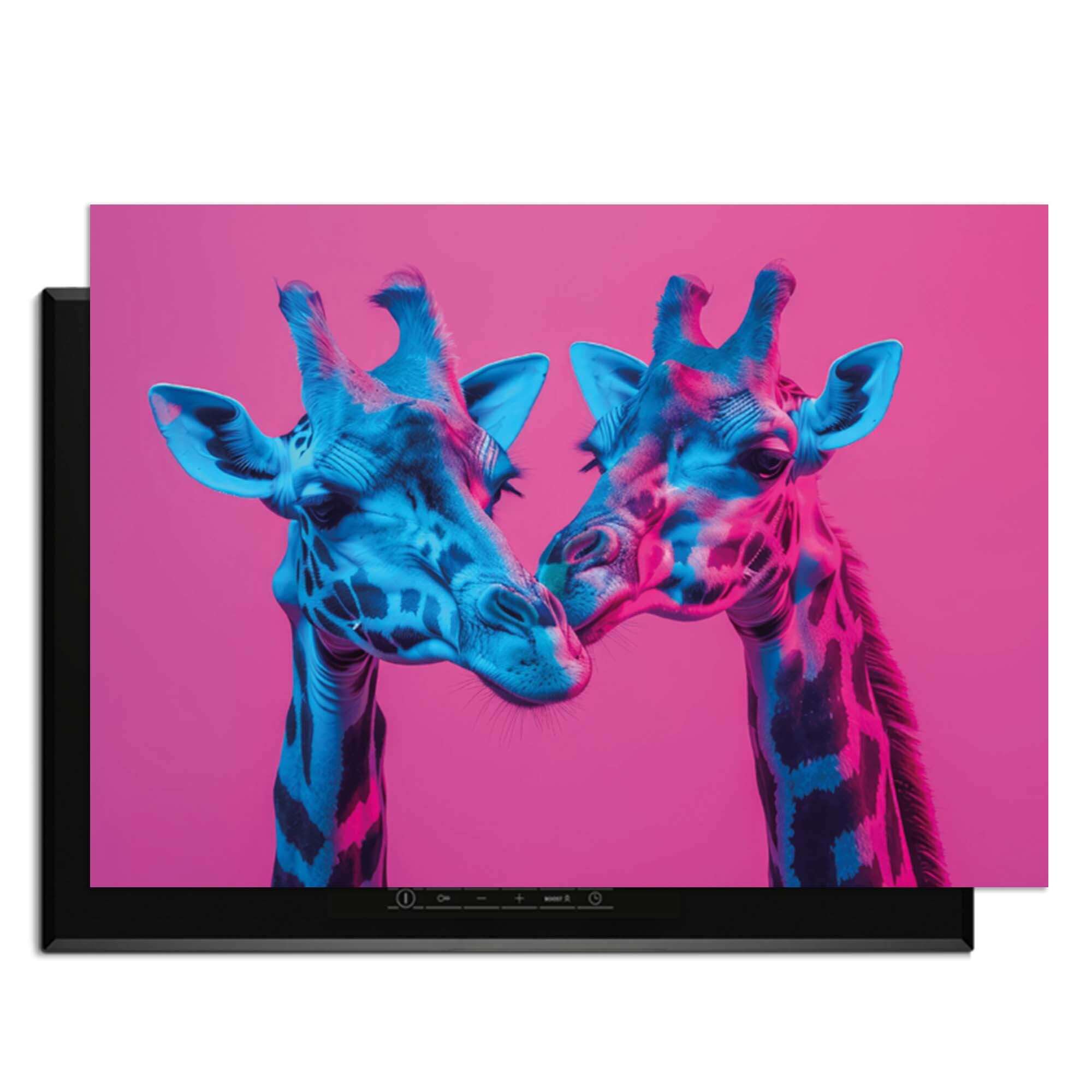 Neon Romance - Herdabdeckplatte mit zwei anmutigen Giraffen im Neonlicht für eine einzigartige Küche.