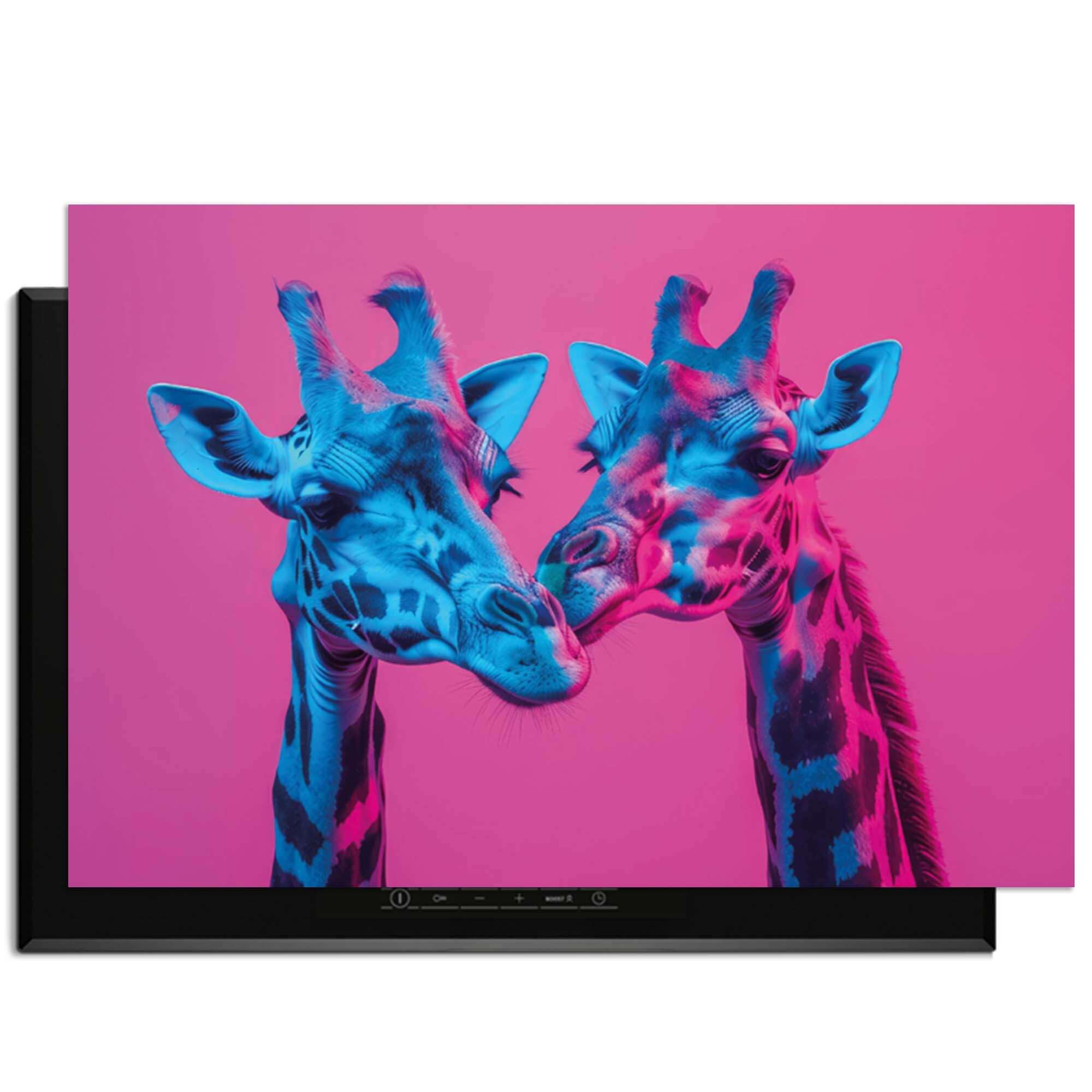 Neon Romance - Herdabdeckplatte mit zwei anmutigen Giraffen, die in Neonlichter in leuchtenden Farben gehüllt sind.