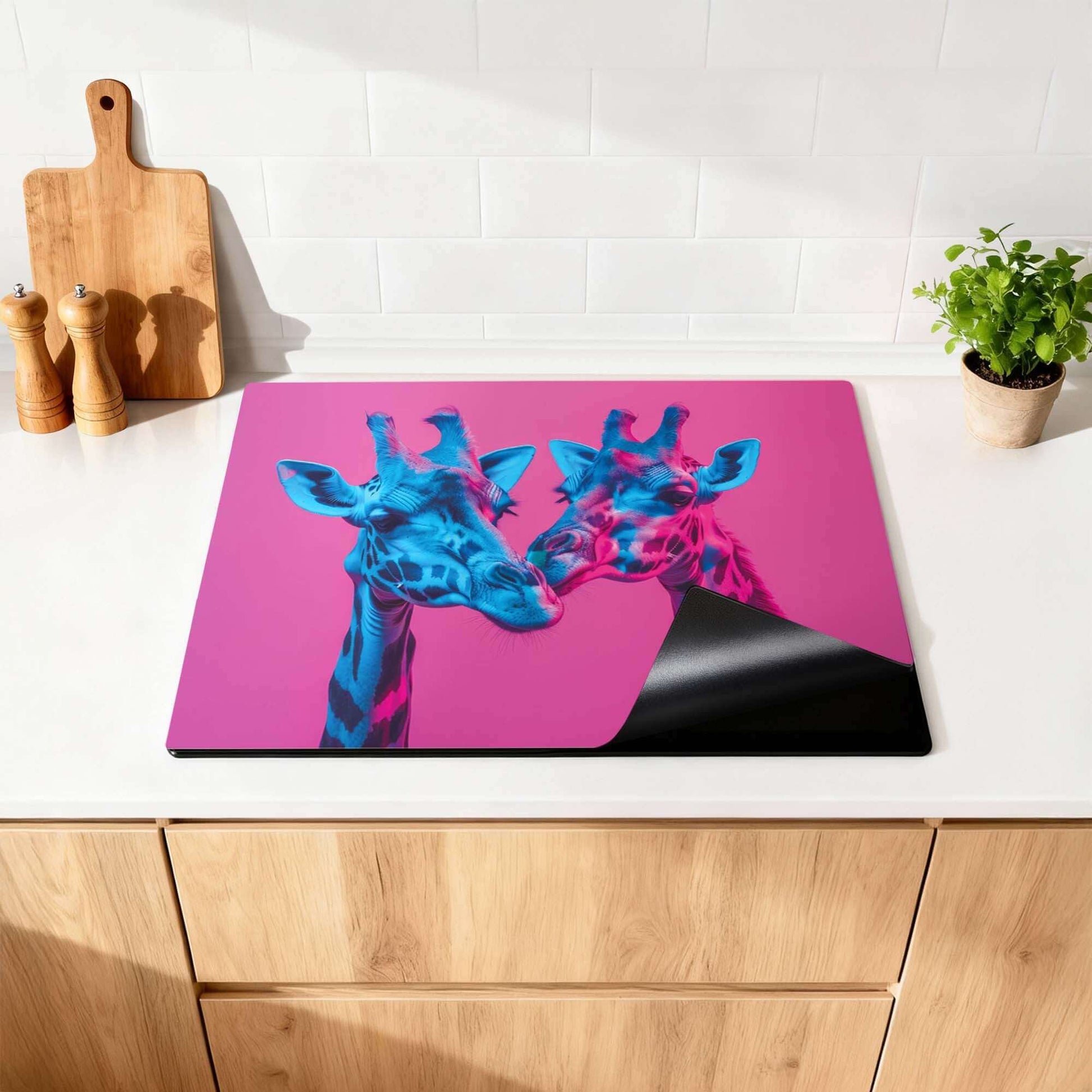 Neon Romance - Herdabdeckplatte mit bunten Giraffen auf einem rosa Hintergrund in der Küche.