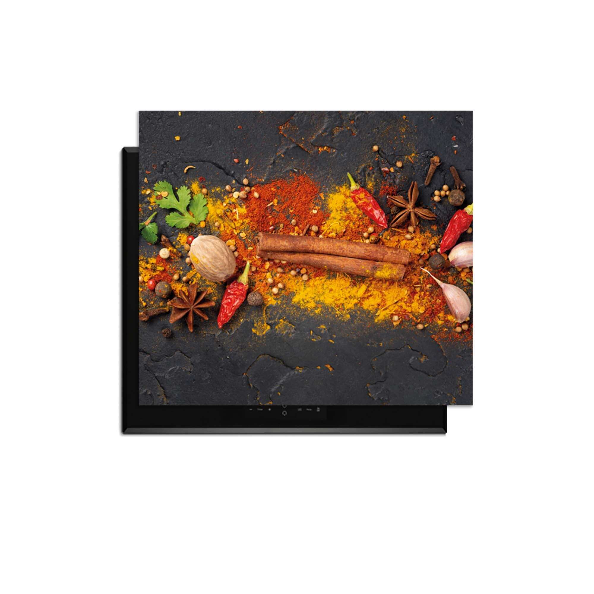 Spice Canvas - Herdabdeckplatte mit buntem Gewürzmotiv und anthrazitfarbenem Hintergrund