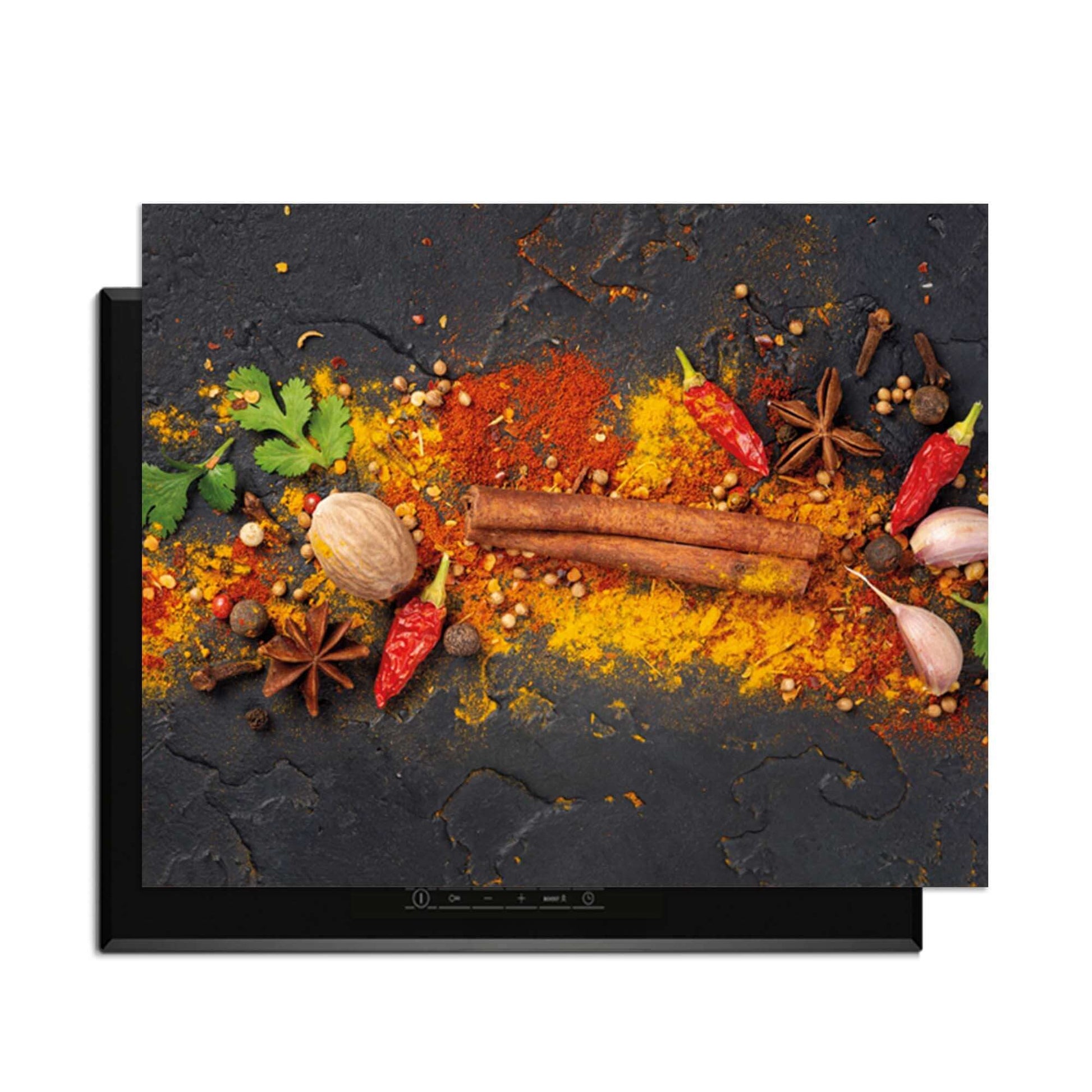 Spice Canvas - Herdabdeckplatte mit einem bunten Gewürzmotiv auf anthrazitfarbenem Hintergrund.