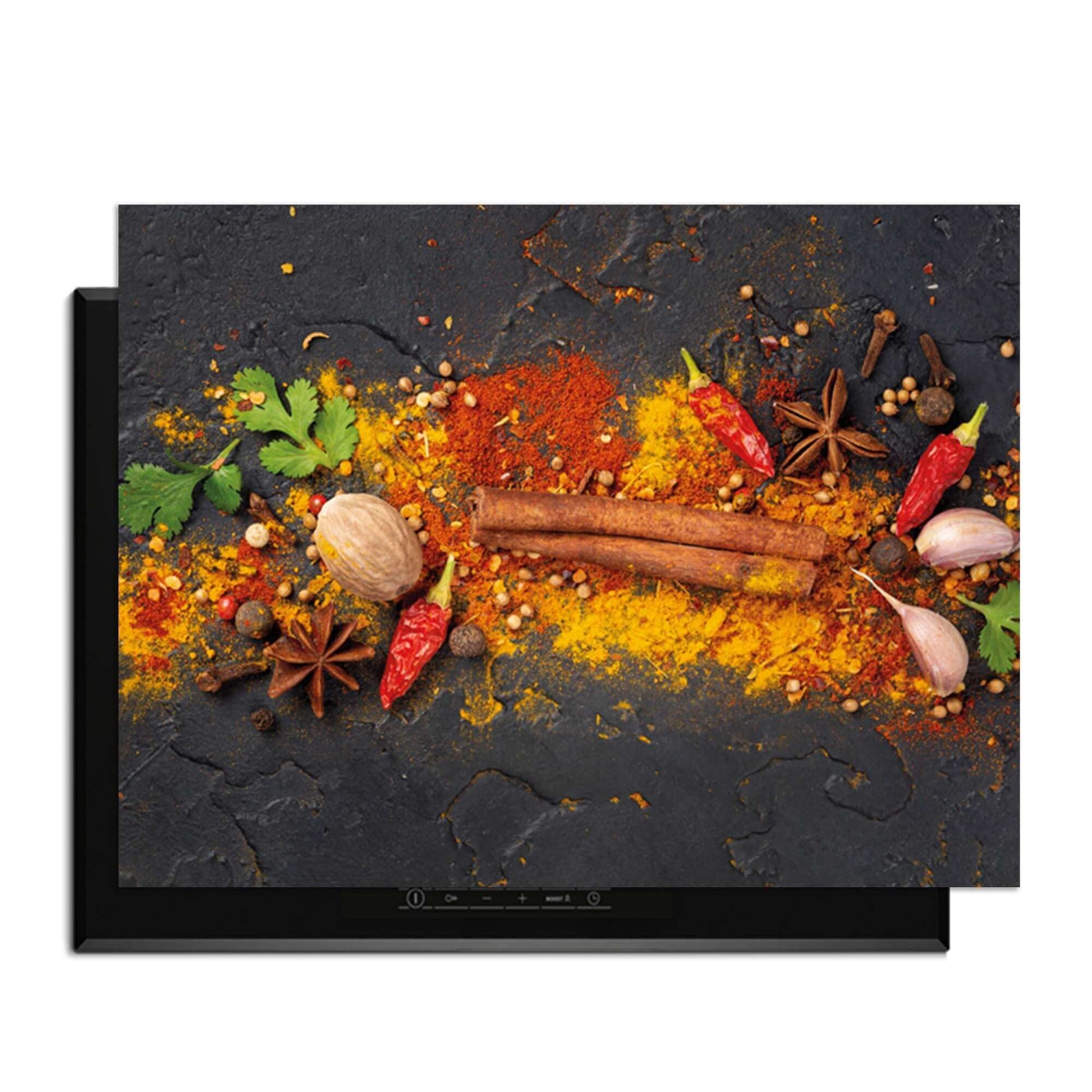 Spice Canvas - Herdabdeckplatte mit buntem Gewürzmotiv auf anthrazitfarbenem Hintergrund.