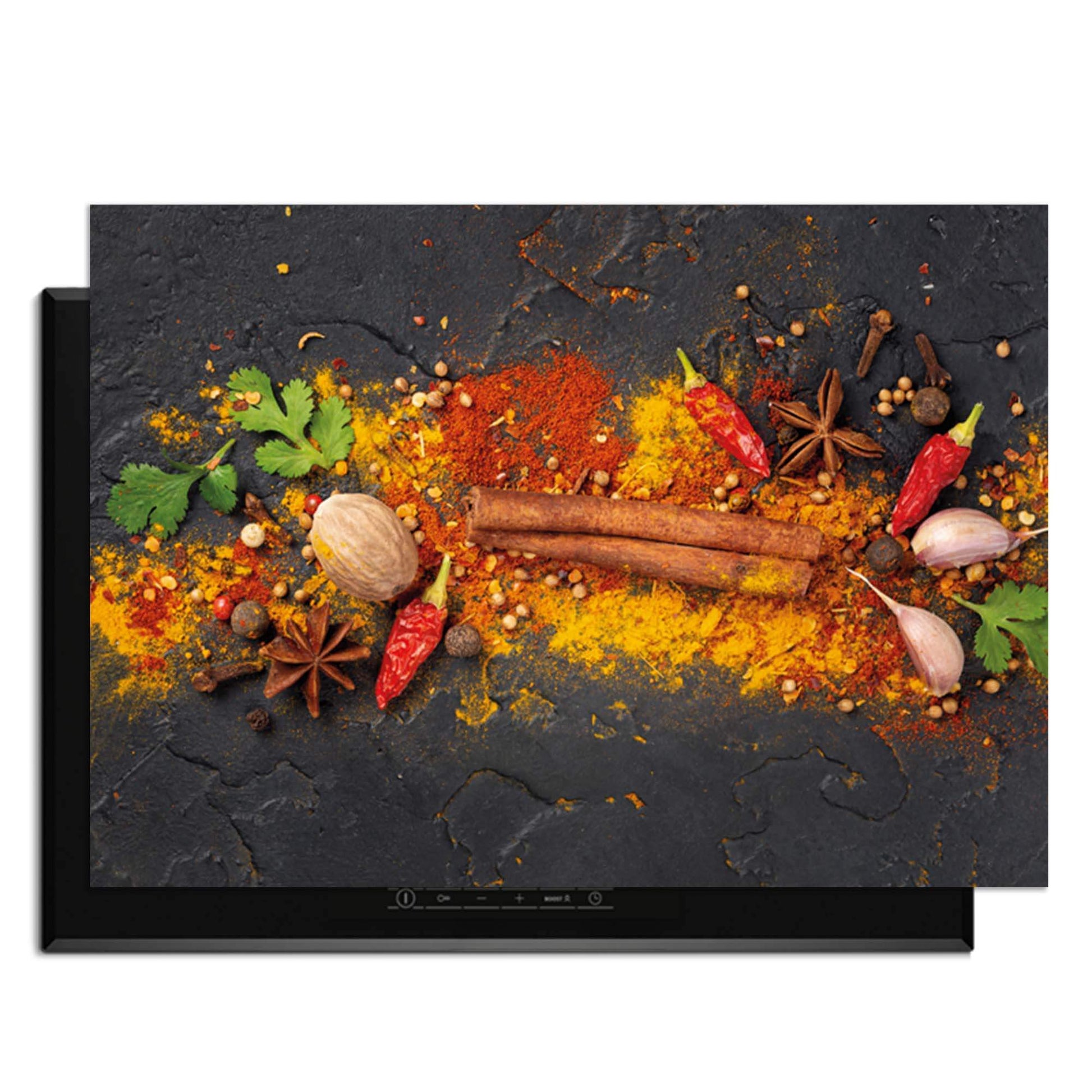 Spice Canvas - Herdabdeckplatte mit buntem Gewürzmotiv und anthrazitfarbenem Hintergrund.