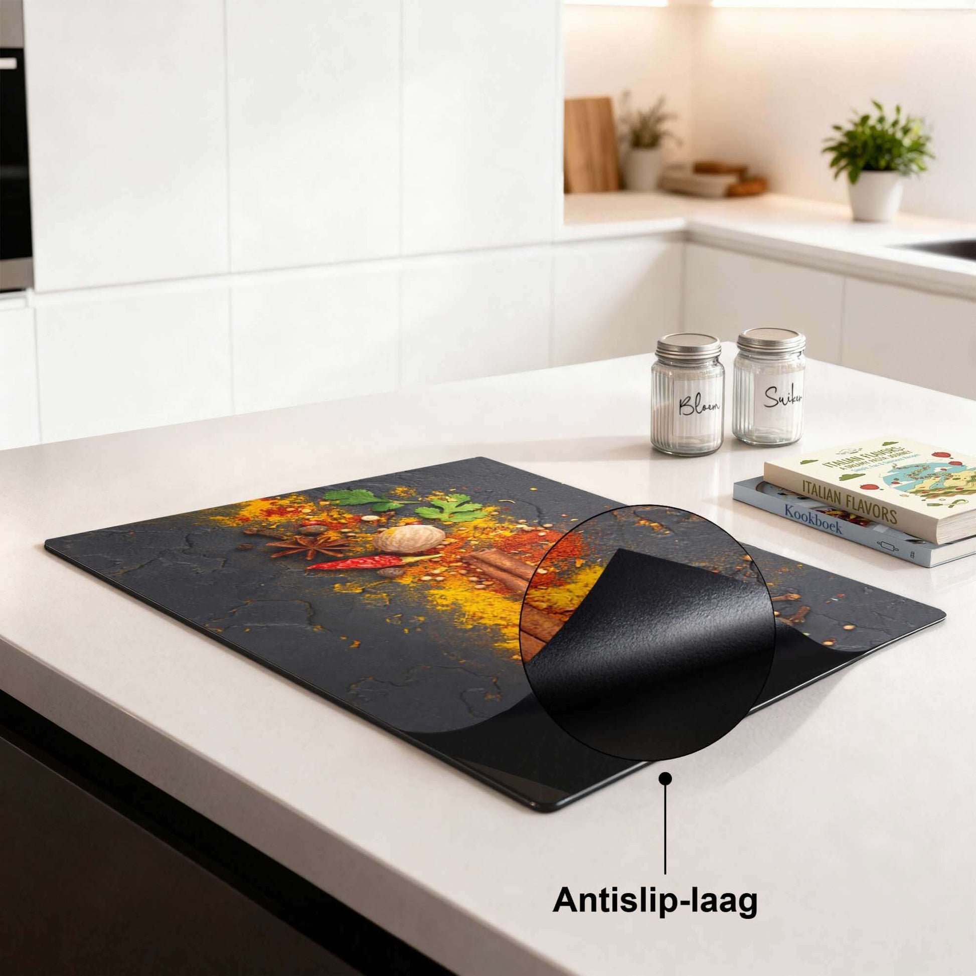 Spice Canvas - Herdabdeckplatte auf einer Küchenarbeitsplatte mit rutschfester Beschichtung und buntem Gewürzmotiv.