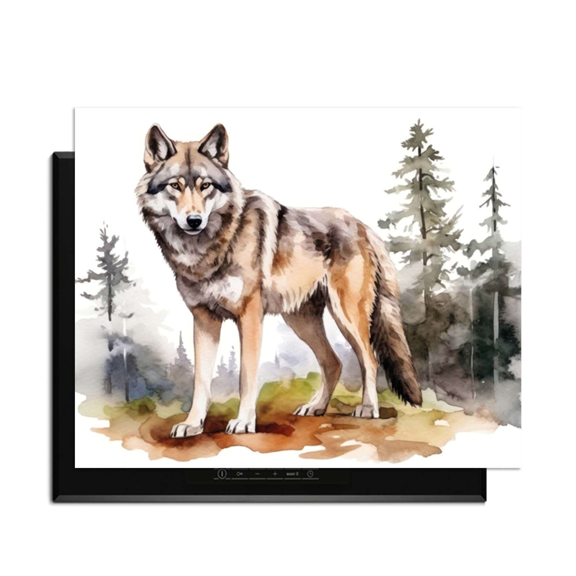 Wild Wolf - Herdabdeckplatte mit einem majestätischen Wolf in einer bewaldeten Landschaft auf einem Kochfeld.