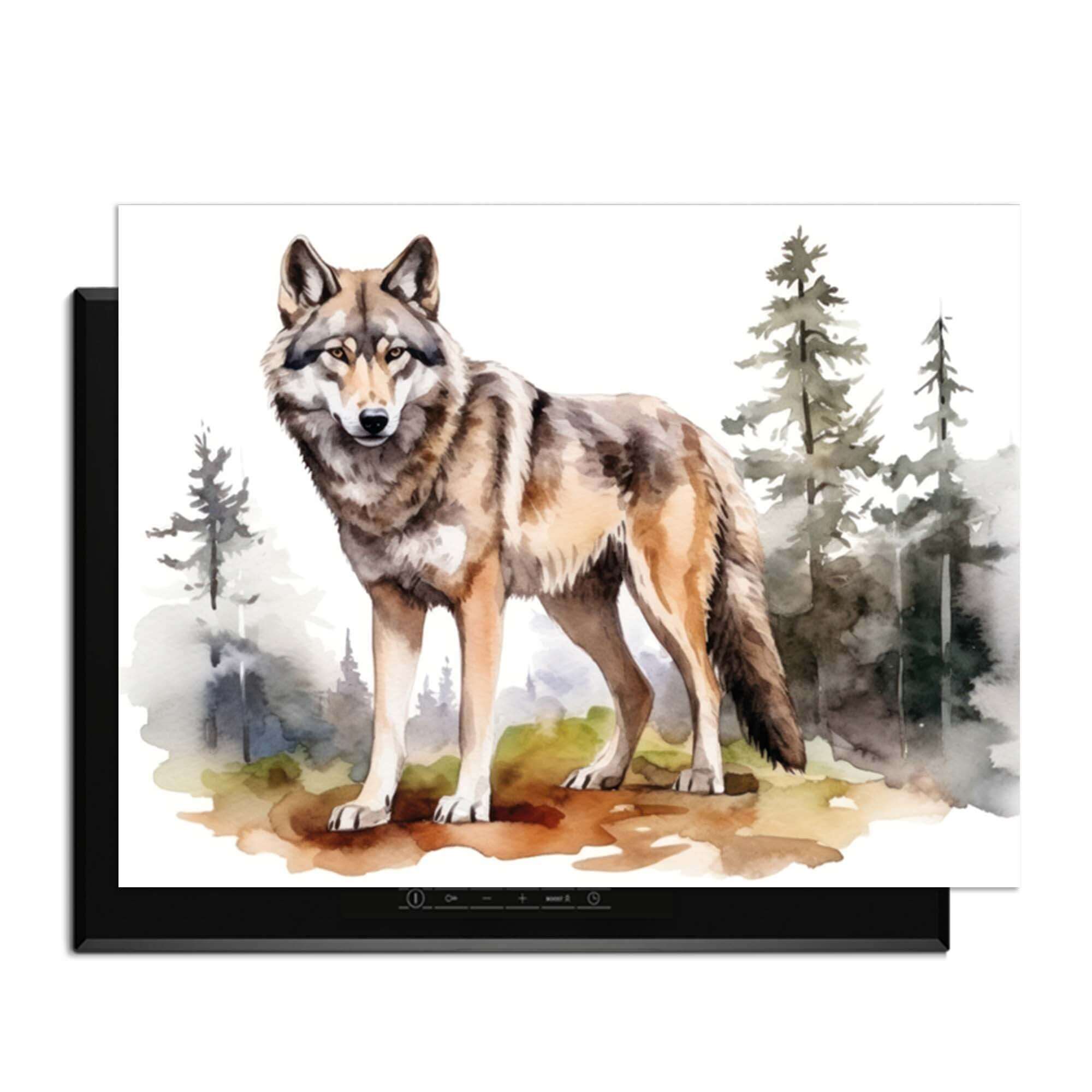 Wild Wolf - Herdabdeckplatte mit elegantem Wolf in bewaldeter Landschaft, schützt Kochfeld