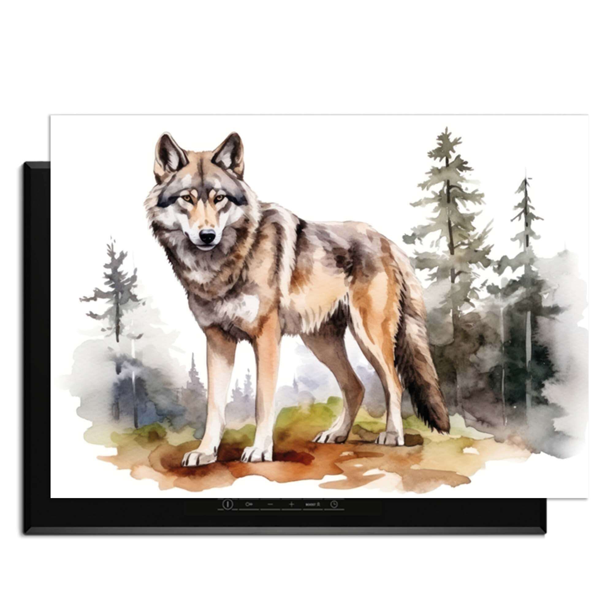 Wild Wolf - Herdabdeckplatte mit einem malerischen Wolf in einer bewaldeten Landschaft, zum Schutz vor Kratzern.