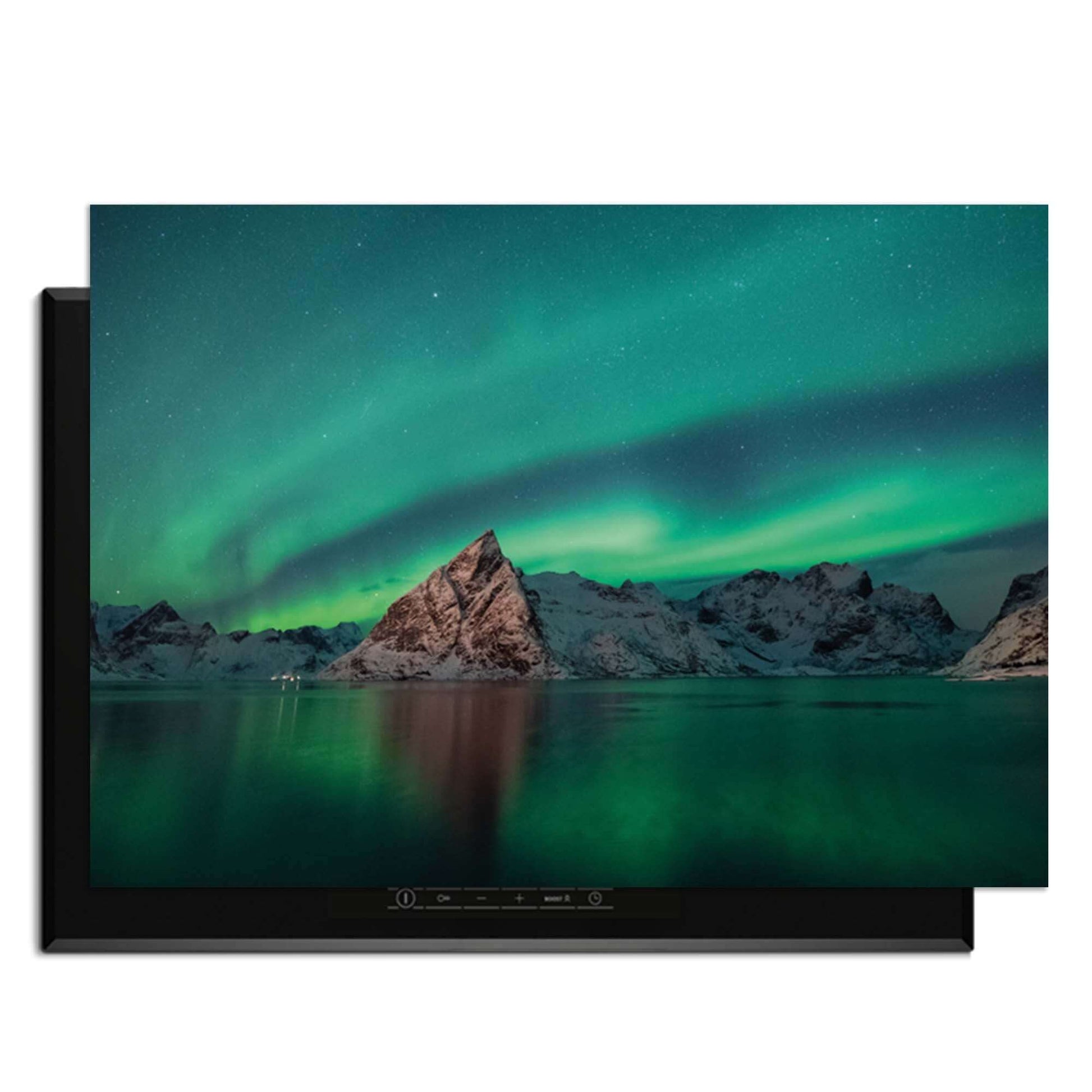 Arctic Aurora - Herdabdeckplatte mit einer bezaubernden Landschaft aus Nordlicht und Bergen.