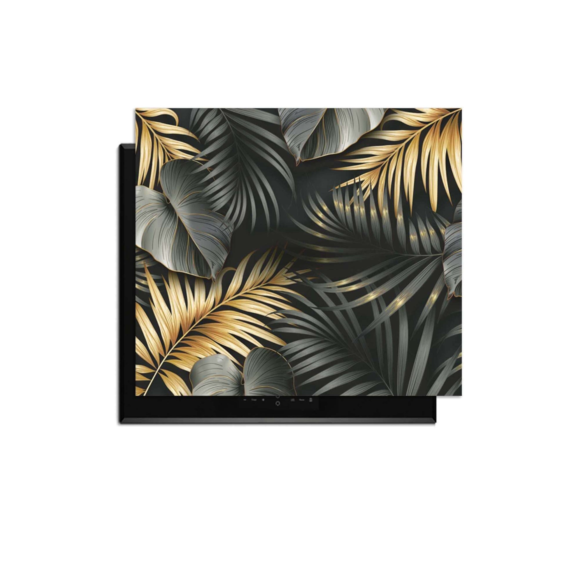 Goldene Palmen - Herdabdeckplatte mit luxuriösen, botanischen Palmenblättern in Schwarz, Gold und Silbergrau.