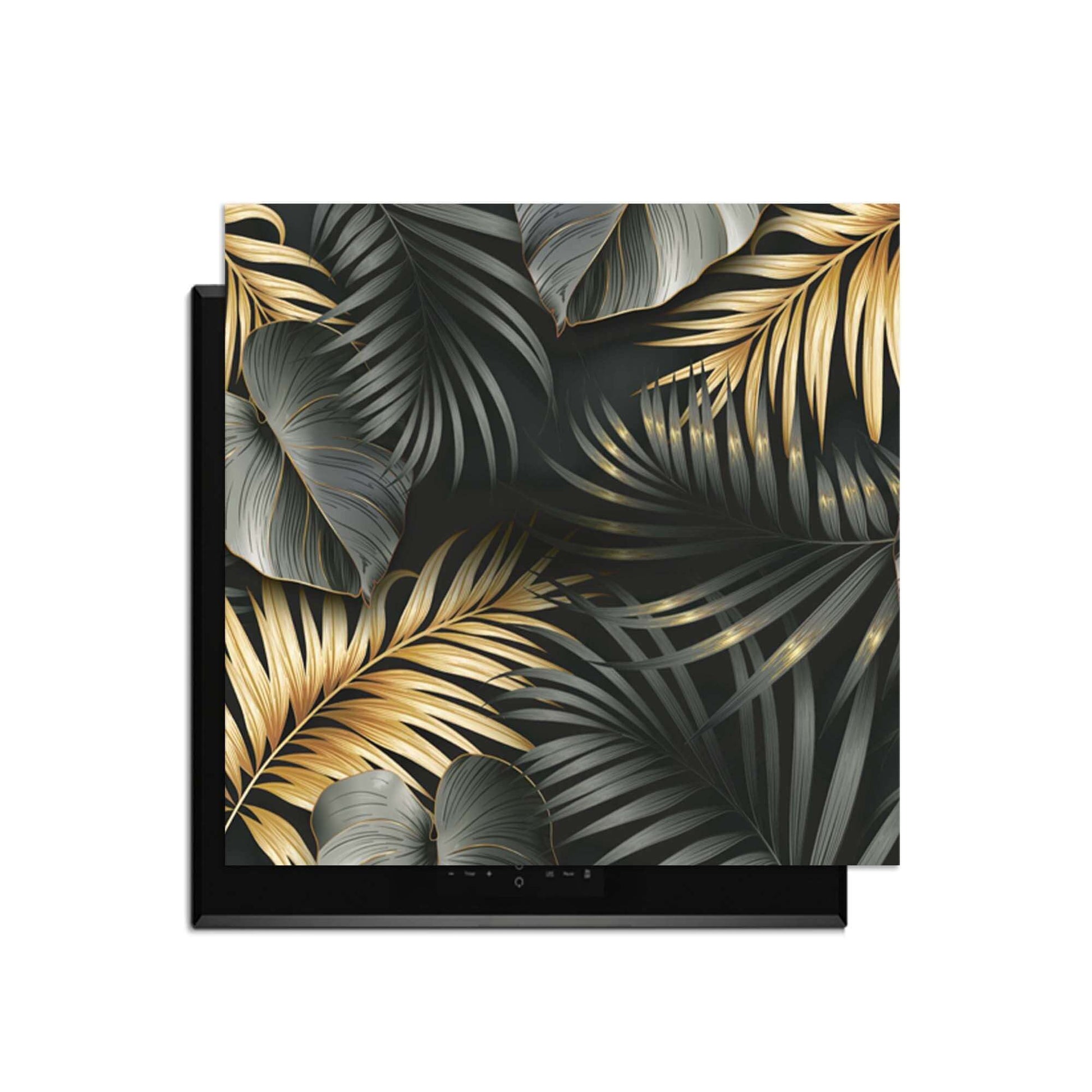 Goldene Palmen - Herdabdeckplatte mit luxuriösen botanischen Palmenblättern in Schwarz, Gold und Silbergrau.