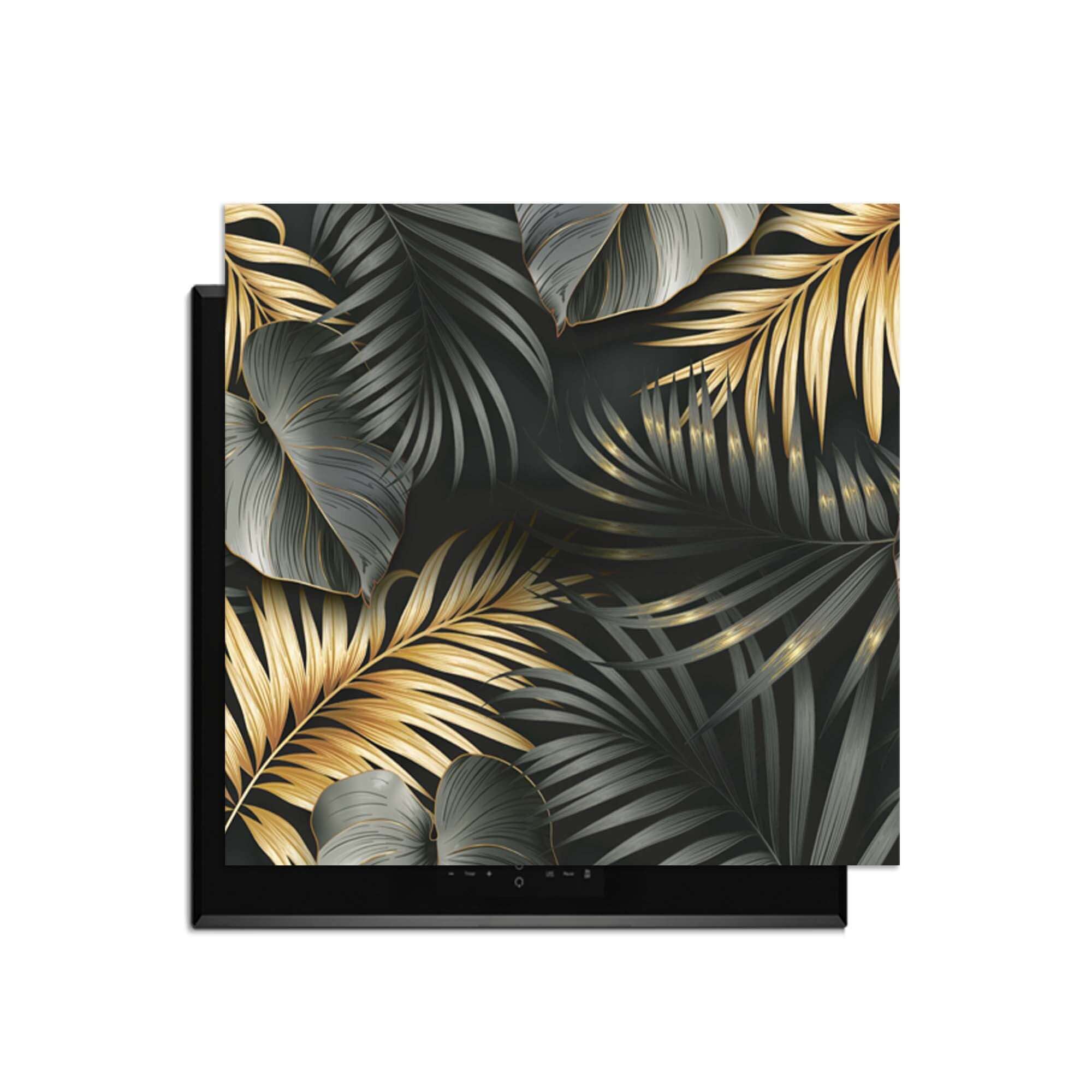 Goldene Palmen - Herdabdeckplatte mit luxuriösen botanischen Palmenblättern in Schwarz, Gold und Silbergrau.