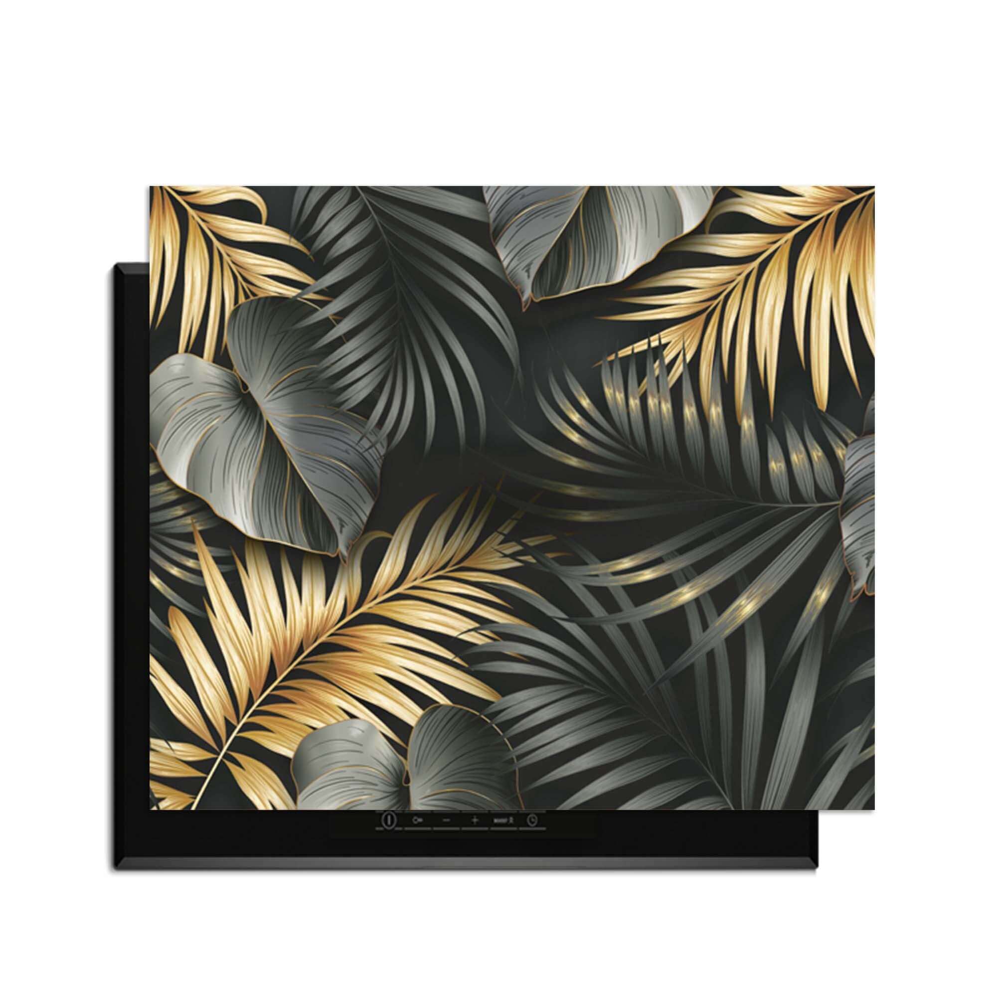 Goldene Palmen - Herdabdeckplatte mit luxuriösem botanischem schwarz-goldenem Design und Palmenblättern.