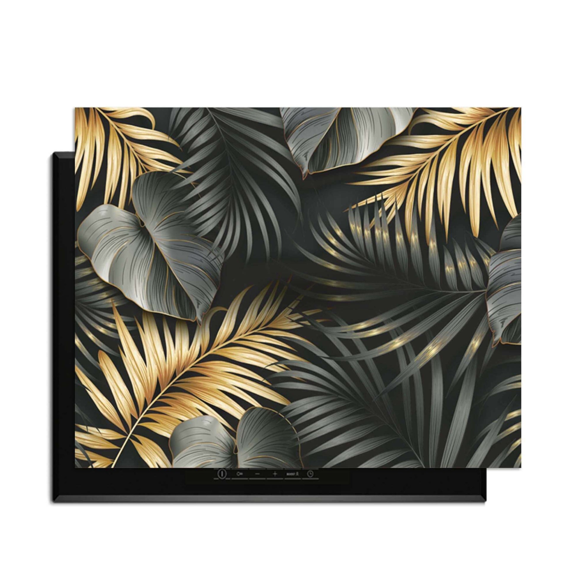 Goldene Palmen - Herdabdeckplatte mit luxuriösen Palmenblättern in Schwarz, Gold und Silbergrau
