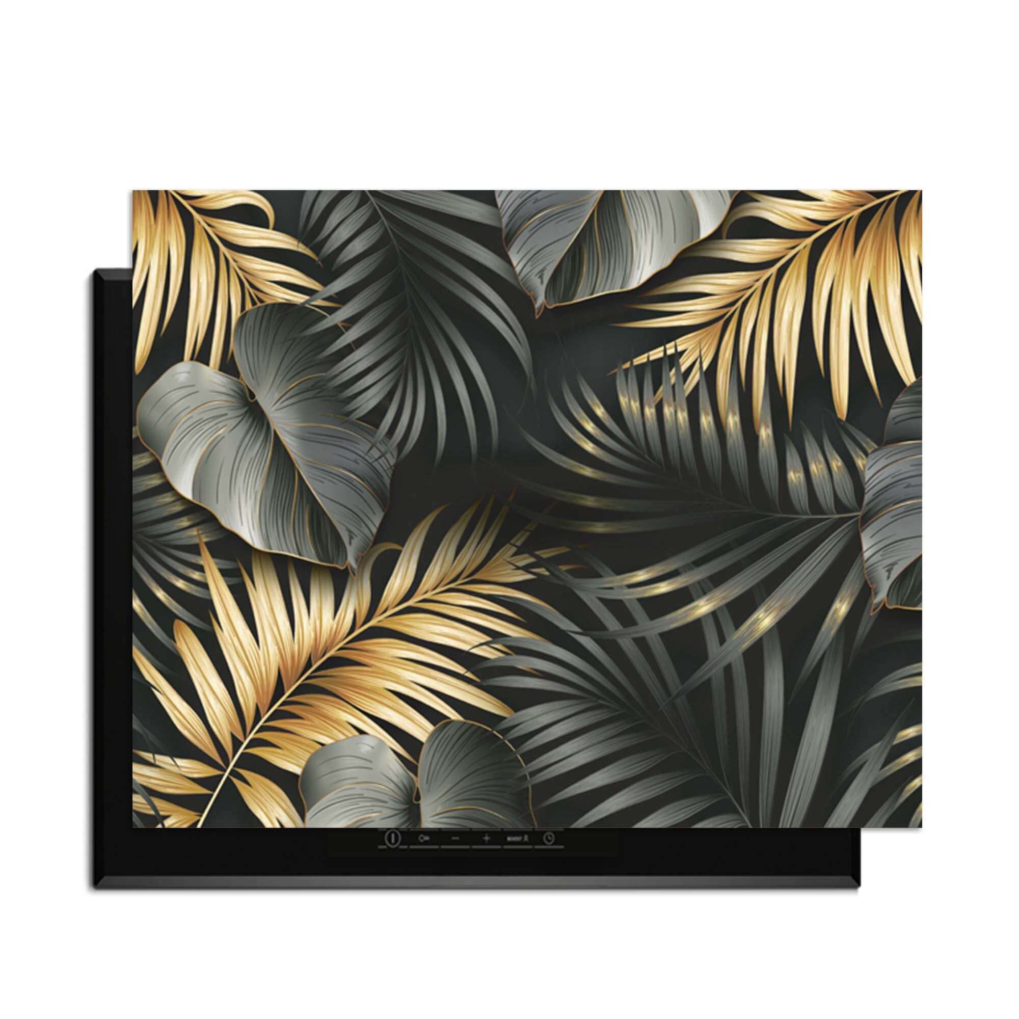 Goldene Palmen - Herdabdeckplatte mit luxuriösen Palmenblättern in Schwarz, Gold und Silbergrau