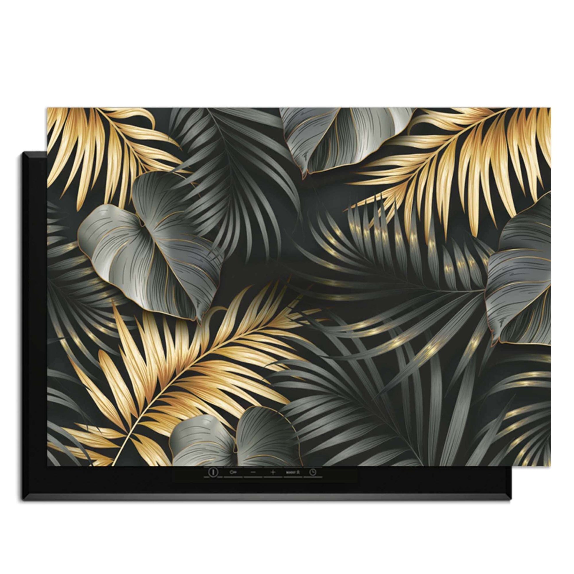 Goldene Palmen - Herdabdeckplatte mit luxuriösen botanischen Palmenblättern in Schwarz, Gold und Silbergrau.