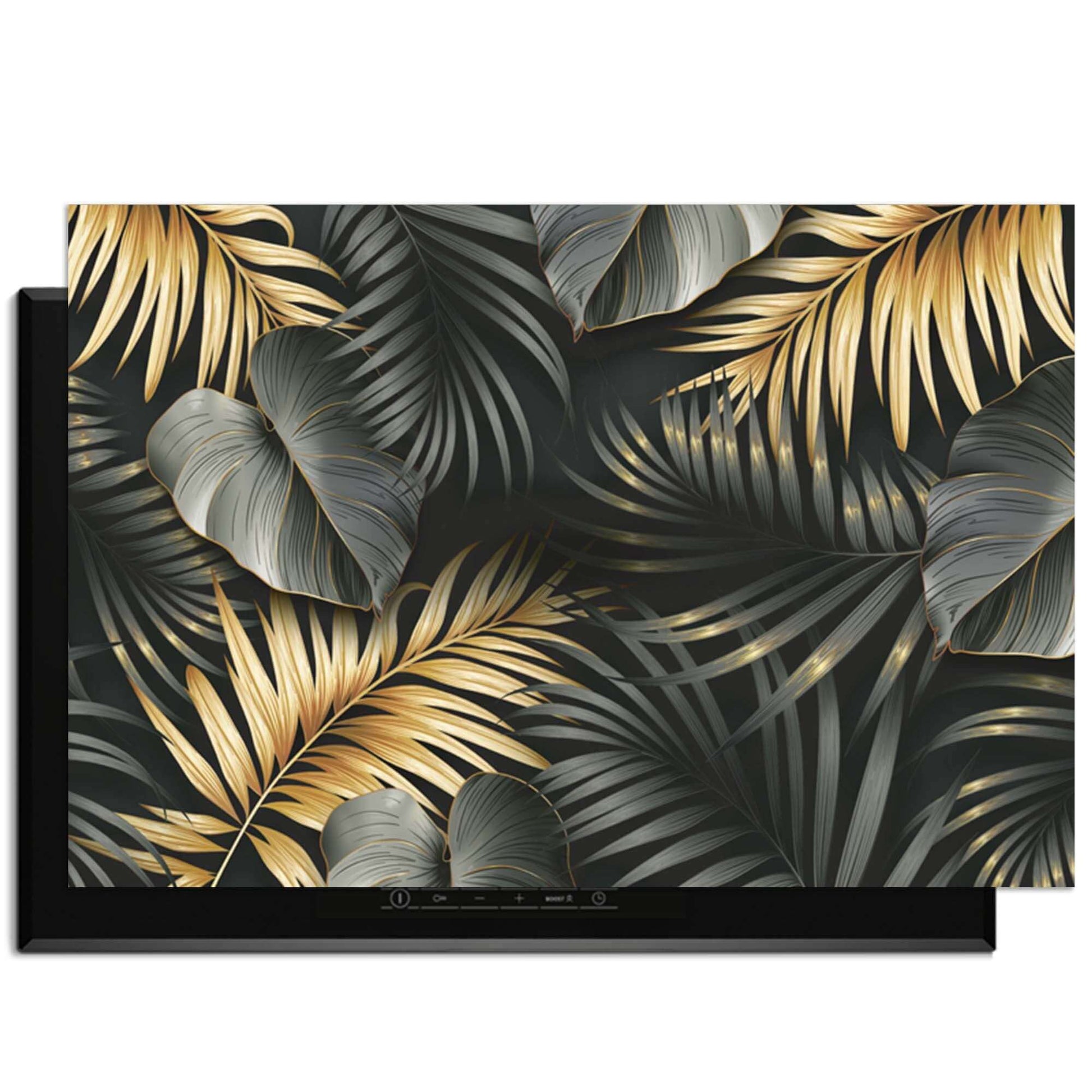 Goldene Palmen - Herdabdeckplatte mit luxuriösen Palmenblättern in Schwarz, Gold und Silbergrau auf einem stilvollen Hintergrund.