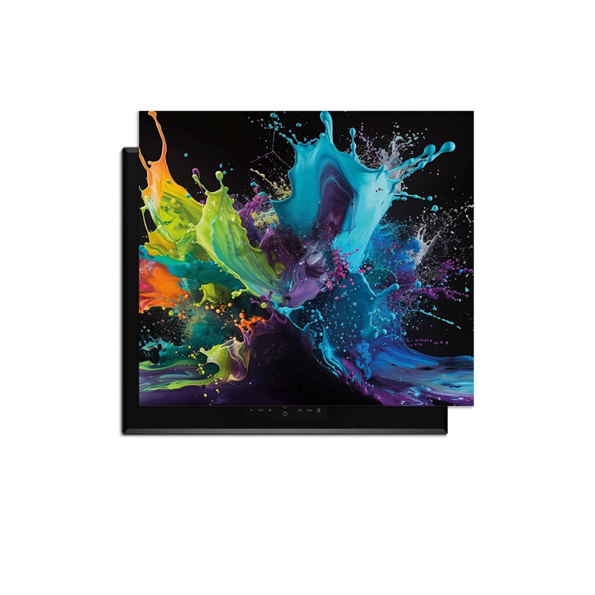 Splash Spectrum - Herdabdeckplatte mit bunten Spritzern auf schwarzem Hintergrund zum Schutz von Kochfeldern.