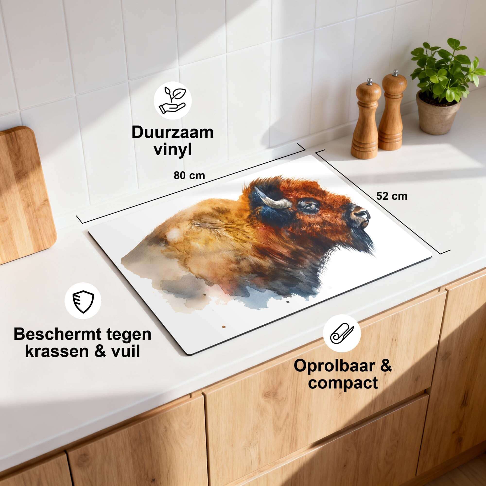 Majestic Bison - Herdabdeckplatte auf einer Küchenarbeitsplatte, haltbares Vinyl, schützt vor Kratzern und Schmutz.