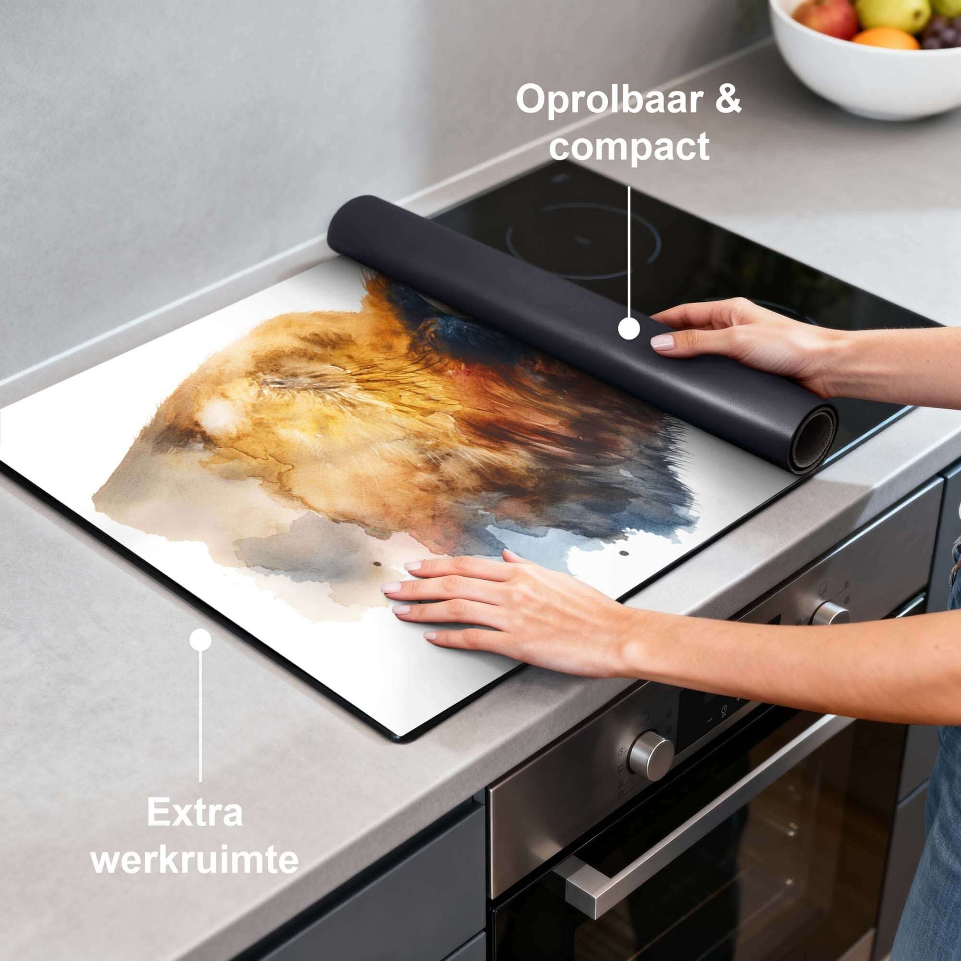 Majestic Bison - Herdabdeckplatte auf einer Küchenarbeitsplatte, rollbar und kompakt für zusätzlichen Arbeitsraum.