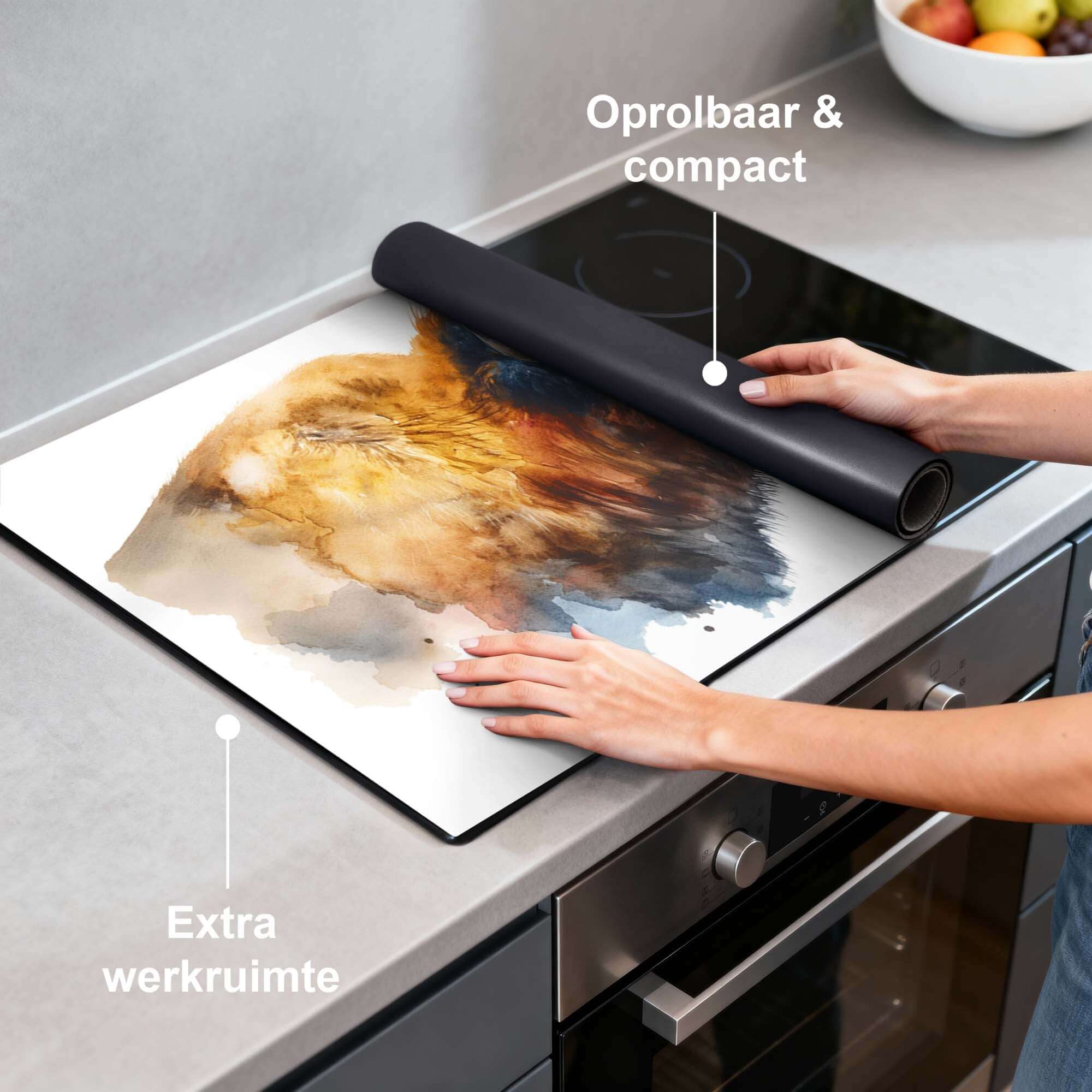 Majestic Bison - Herdabdeckplatte auf einer Küchenarbeitsplatte, rollbar und kompakt für zusätzlichen Arbeitsraum.