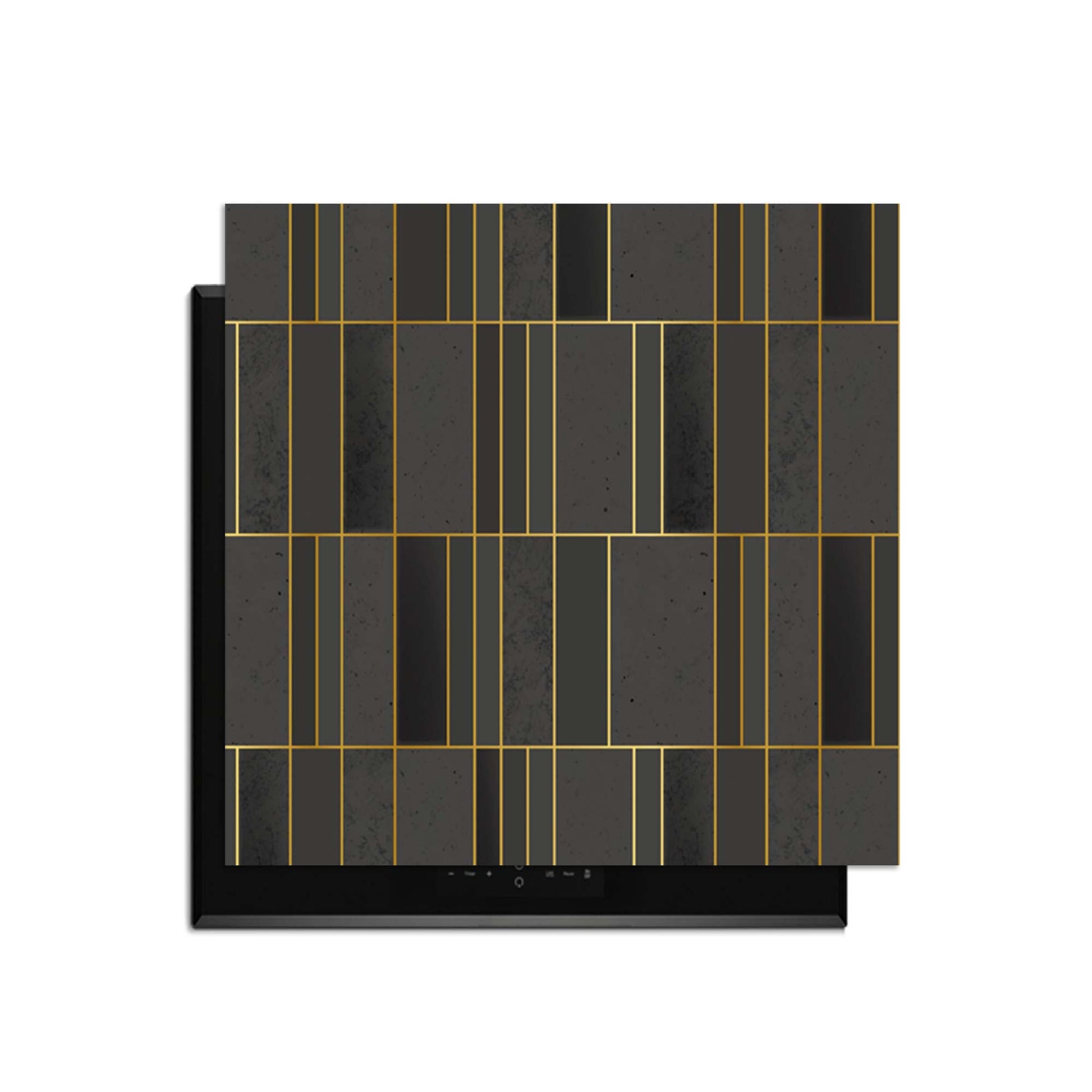Midnight Grid - Herdabdeckplatte in geometrischem Design mit goldenen Akzenten und tiefen Farbtönen zum Schutz der Küche.