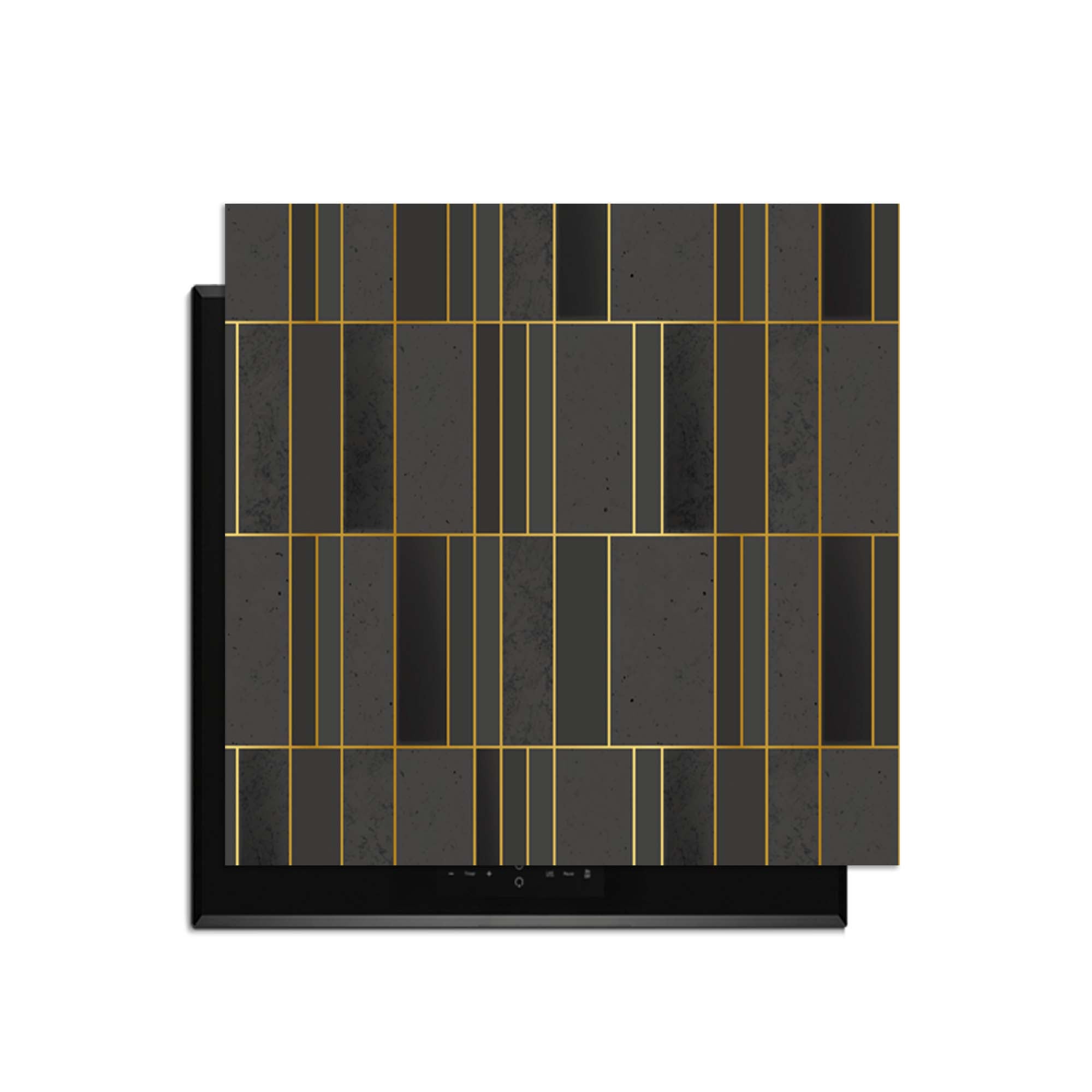 Midnight Grid - Herdabdeckplatte in geometrischem Design mit goldenen Akzenten und tiefen Farbtönen zum Schutz der Küche.