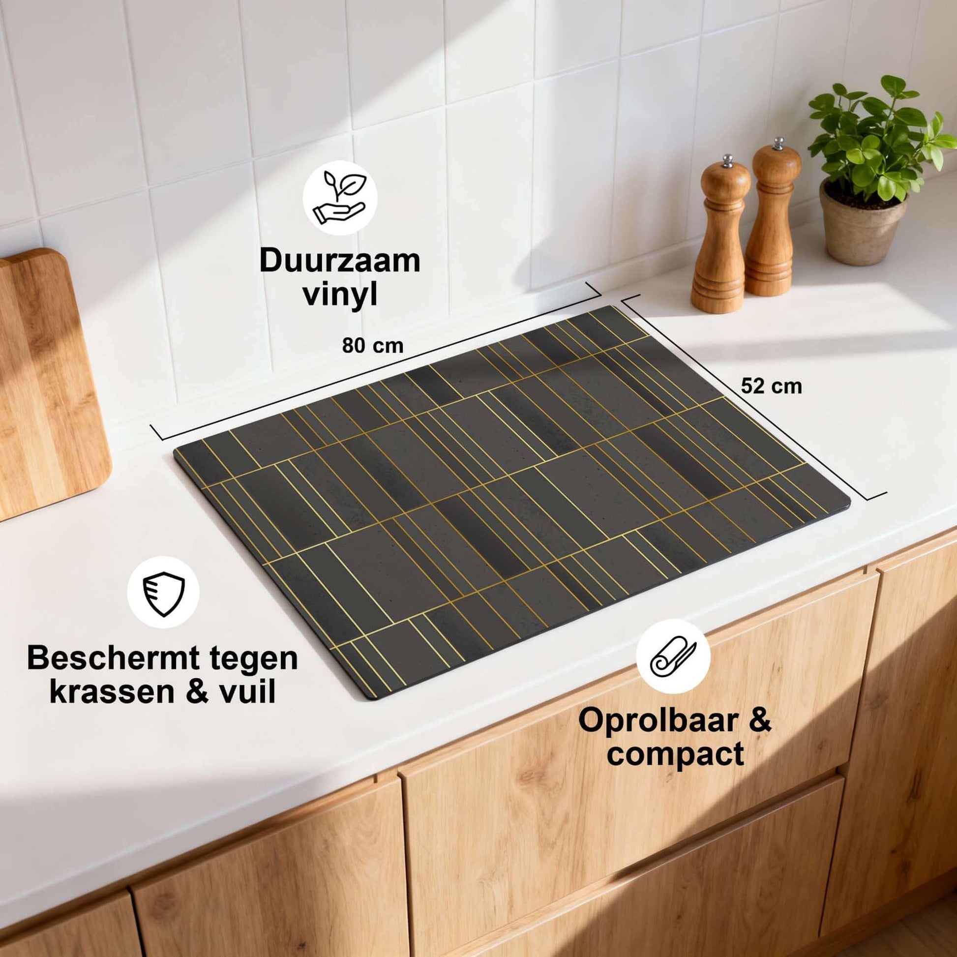 Midnight Grid - Herdabdeckplatte auf einer Küchenarbeitsplatte aus strapazierfähigem Vinyl, schützt vor Kratzern und Schmutz.