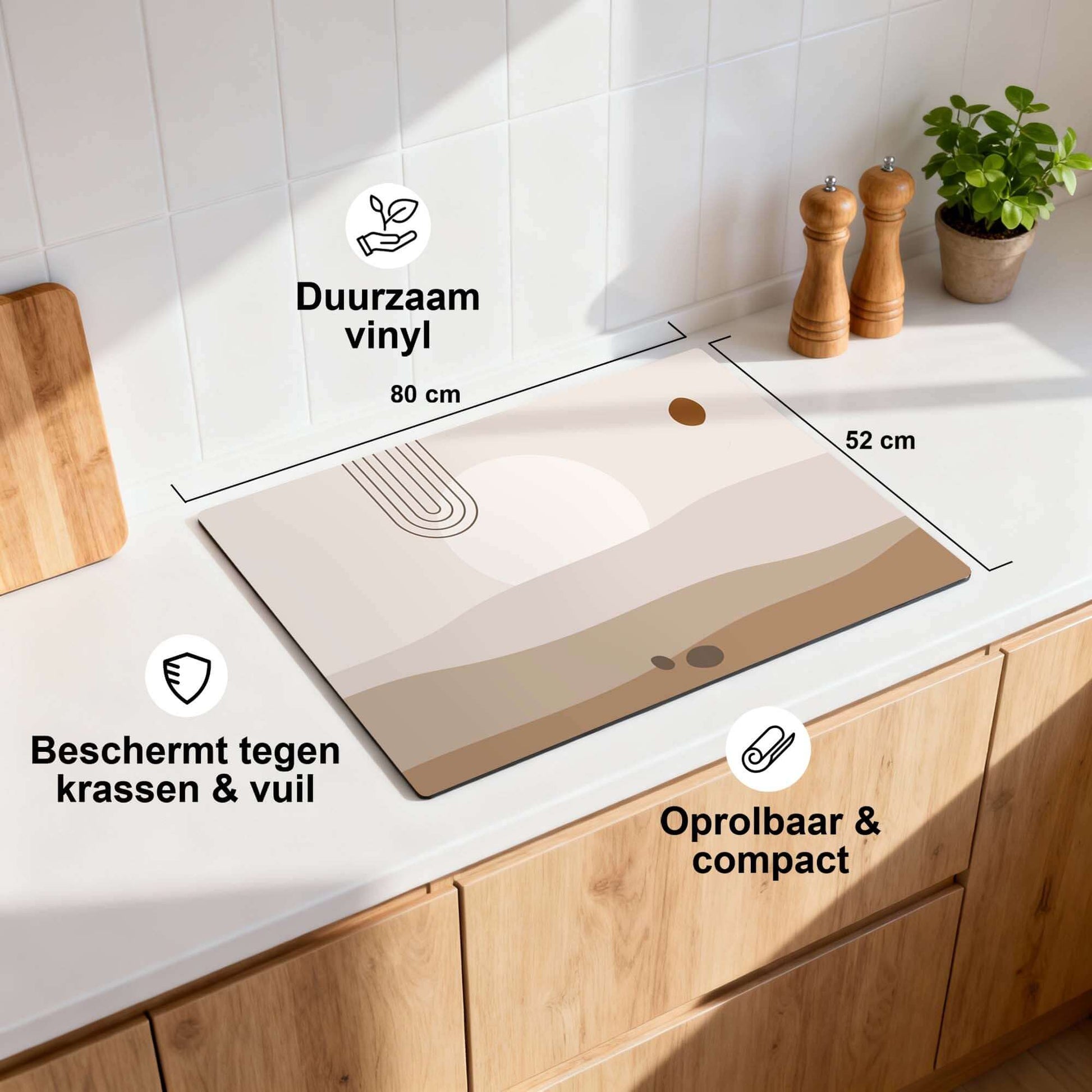 Desert Glow - Japandi Herdabdeckplatte mit sanften Wüstentönen und organischen Formen auf strapazierfähigem Vinyl.