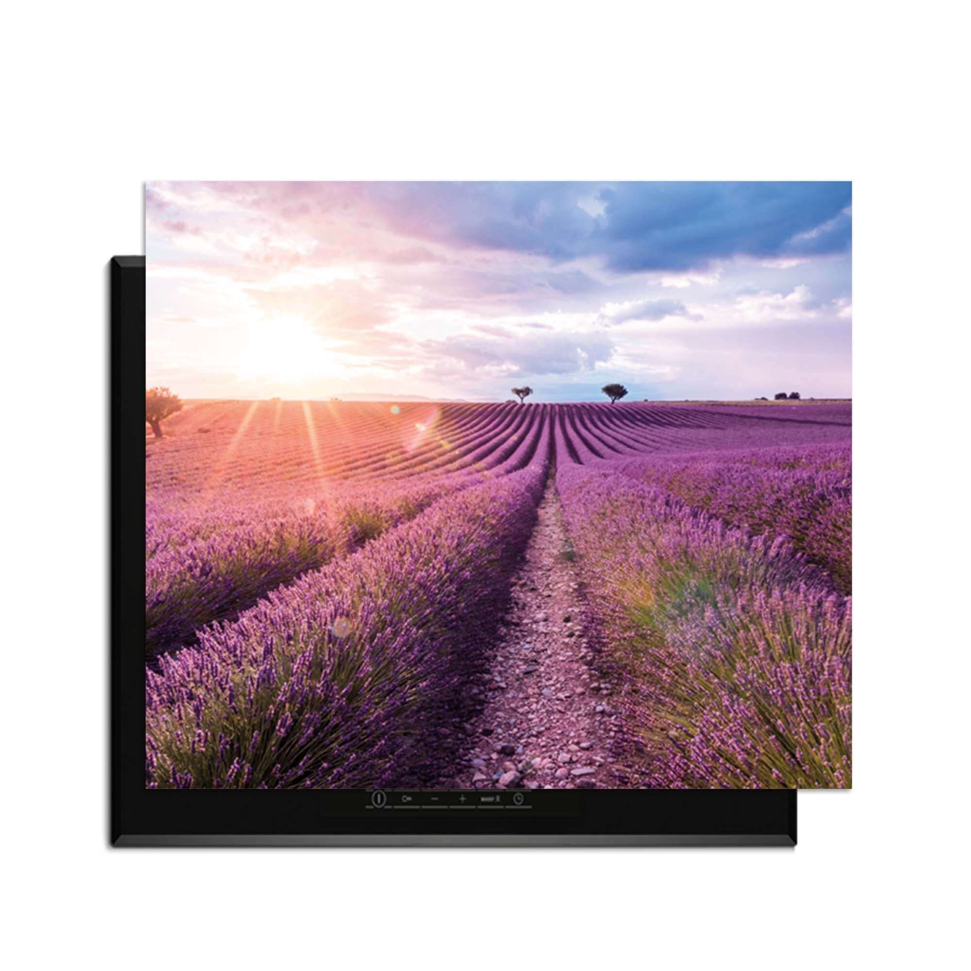 Lavender Horizon - Herdabdeckplatte mit beruhigendem Blick auf ein Lavendelfeld in der Küche.