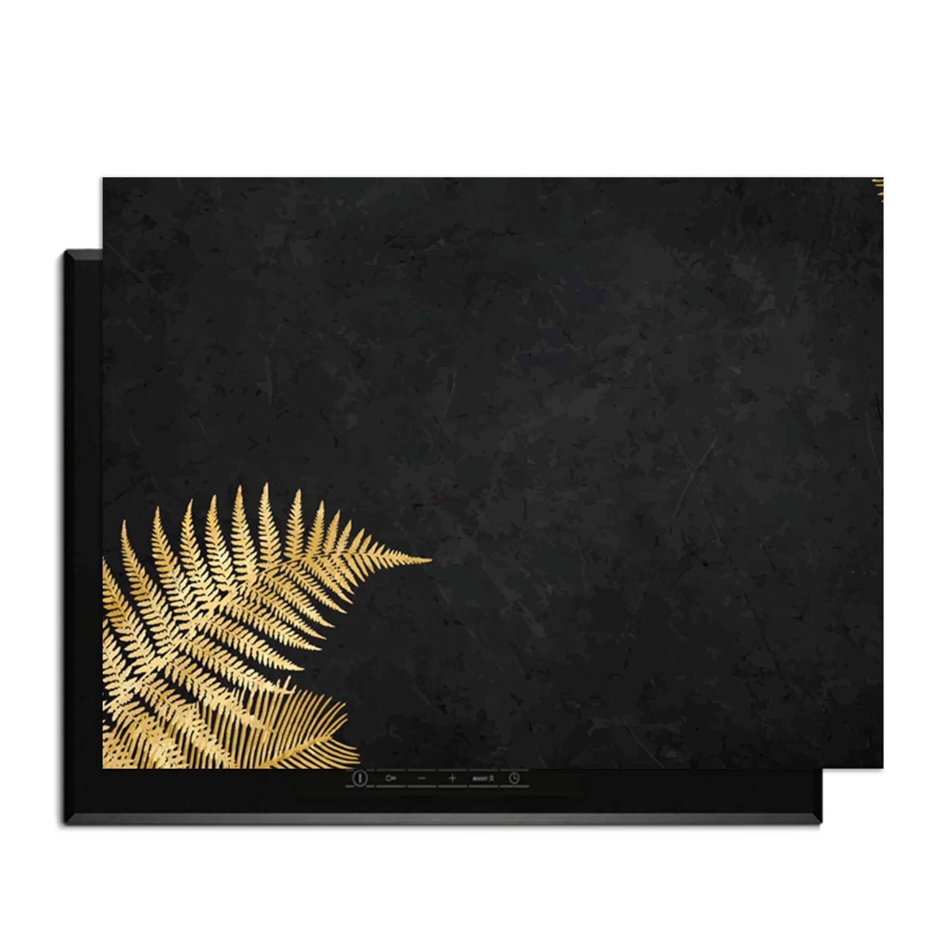 Golden Fern Touch - Herdabdeckplatte mit goldenen Farnen auf schwarzem Hintergrund.