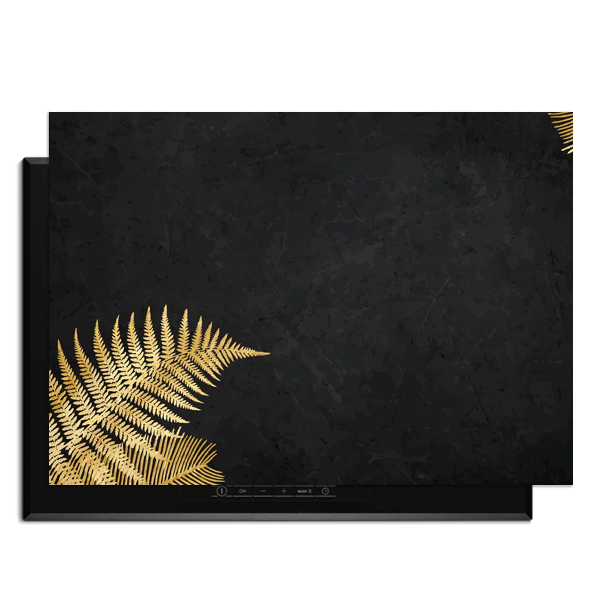 Golden Fern Touch - Herdabdeckplatte mit goldenen Farnen auf schwarzem Hintergrund.