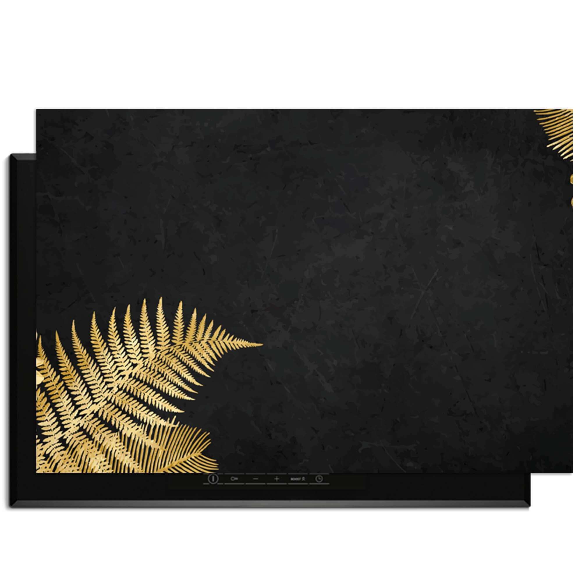 Golden Fern Touch - Herdabdeckplatte mit goldenen Farnen auf schwarzem Hintergrund.
