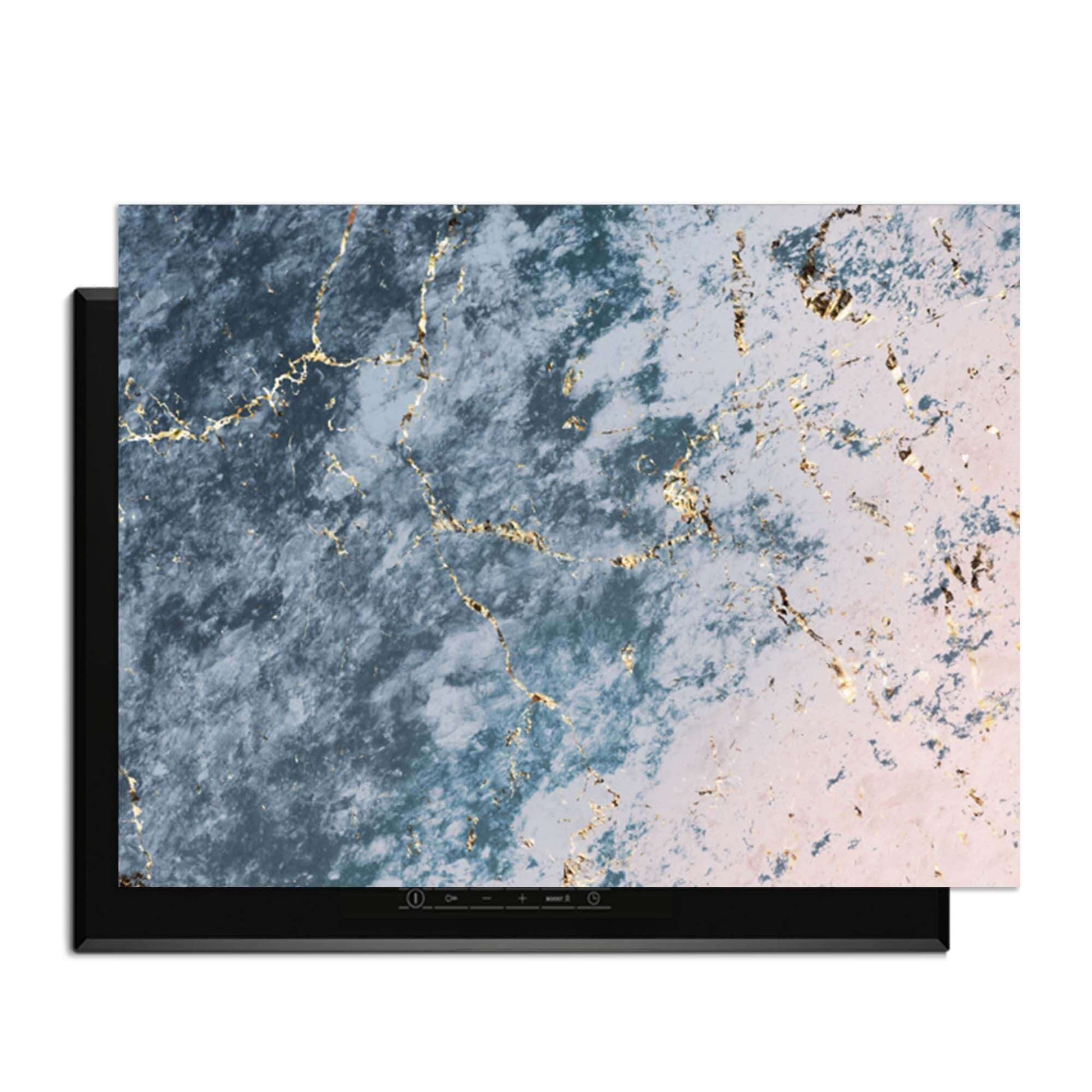 Eleganter Ozeanmarmor - Herdabdeckplatte mit einzigartigem blauen und rosa Marmormuster und goldenen Adern.
