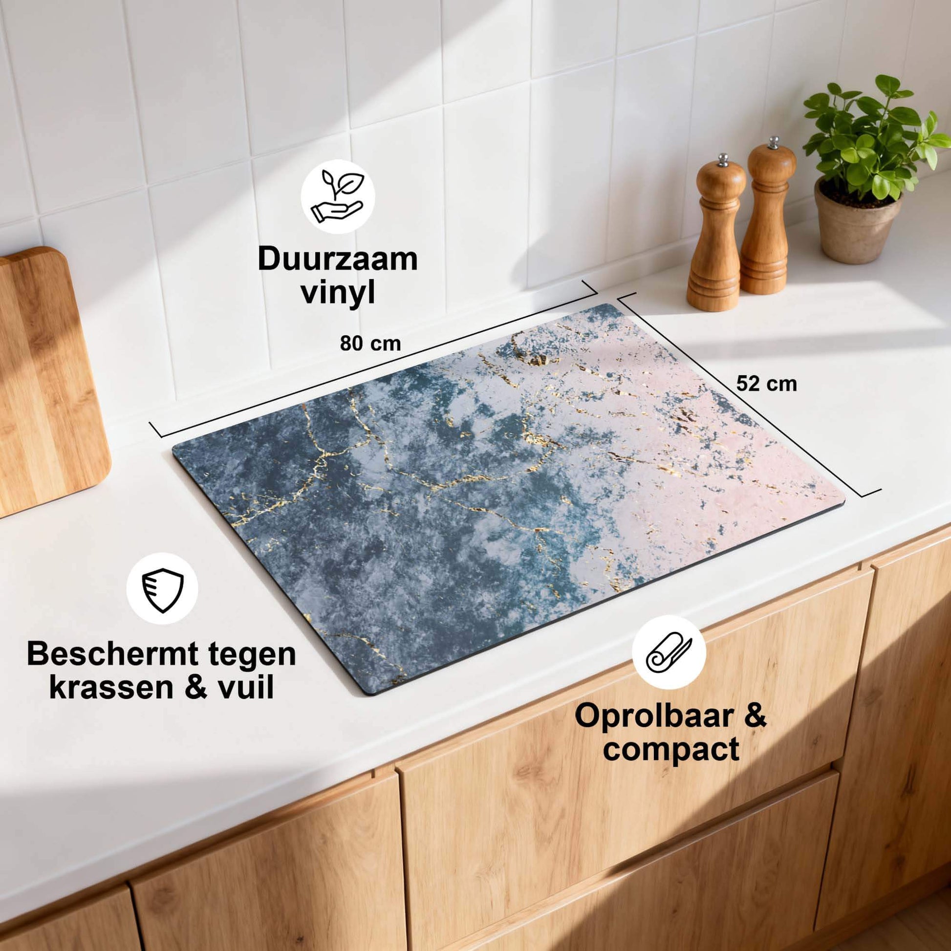 Elegantes Ocean Marble - Herdabdeckplatte auf einer Küchenarbeitsplatte, langlebig und stilvoll, schützt vor Kratzern und Schmutz.