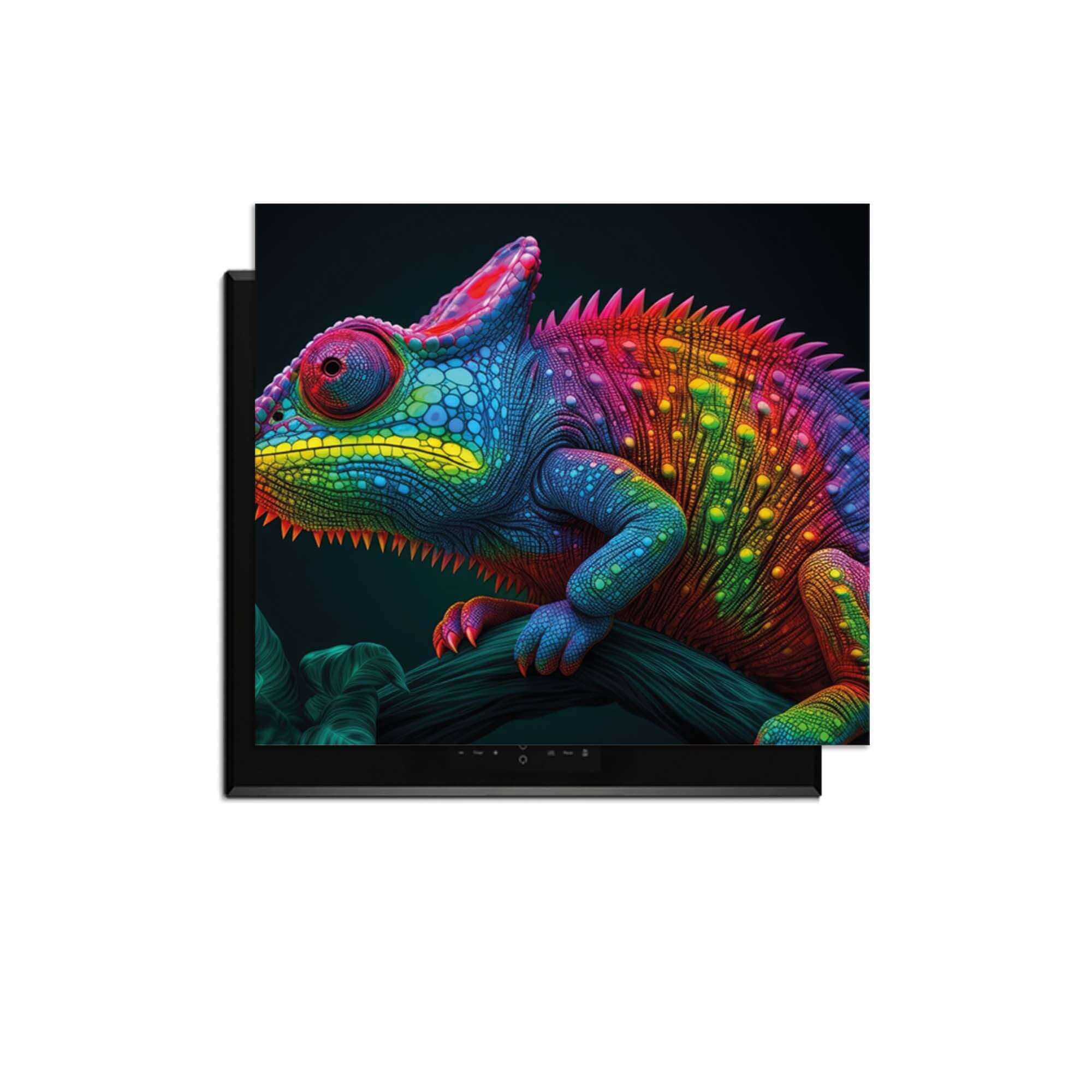 Neon Chameleon - Herdabdeckplatte mit leuchtenden Farben und Dschungel-Vibes für Ihre Küche.