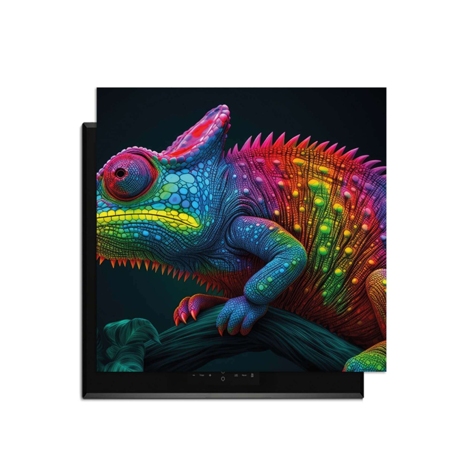 Neon Chameleon - Herdabdeckplatte mit leuchtenden Farben und Dschungel-Vibes für Ihre Küche.