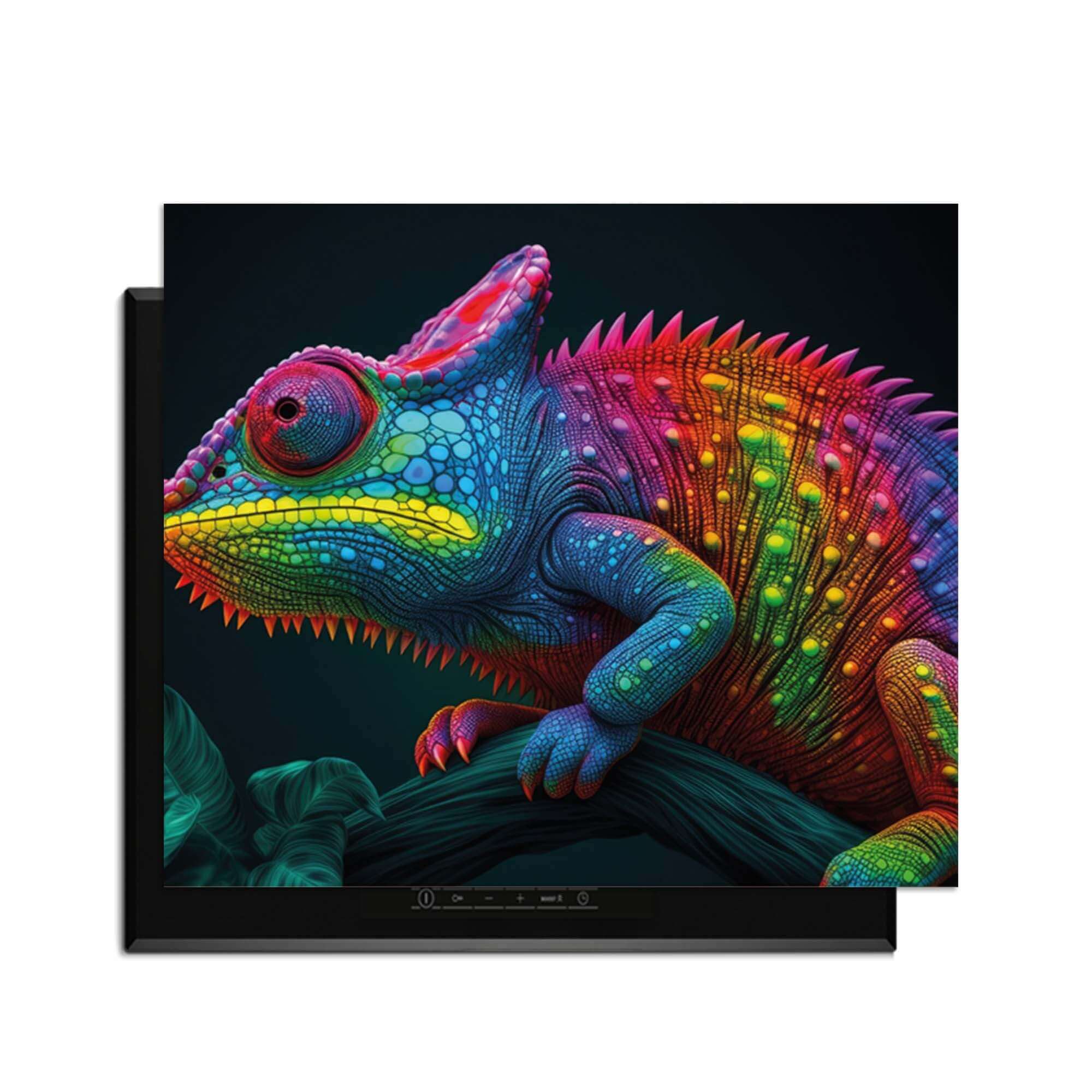 Neon Chameleon - Herdabdeckplatte mit leuchtenden Farben und Dschungel-Vibes für Ihre Küche
