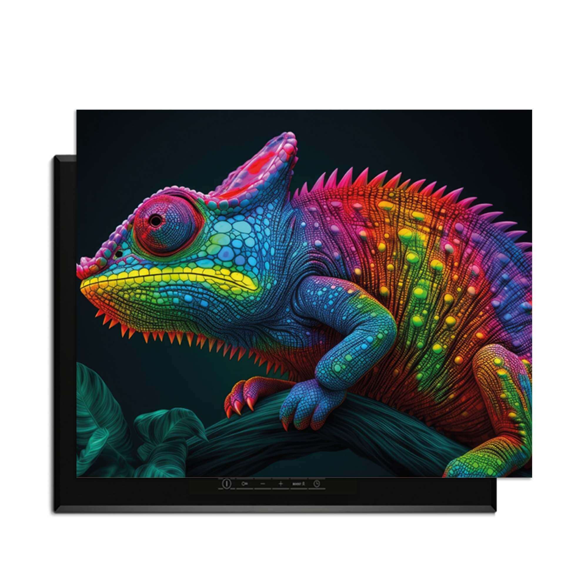 Neon Chameleon - Herdabdeckplatte mit leuchtenden Farben und Dschungel-Vibes für Ihre Küche.