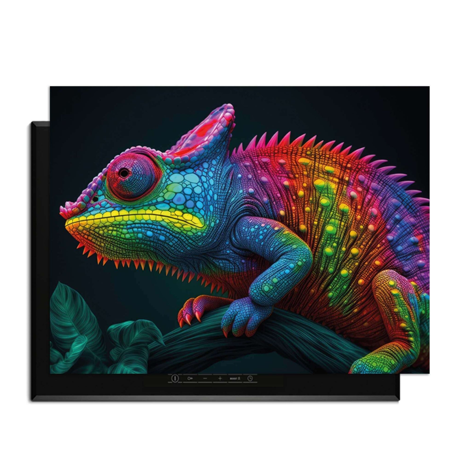 Neon Chameleon - Herdabdeckplatte mit leuchtenden Farben und Dschungel-Vibes für Ihre Küche.