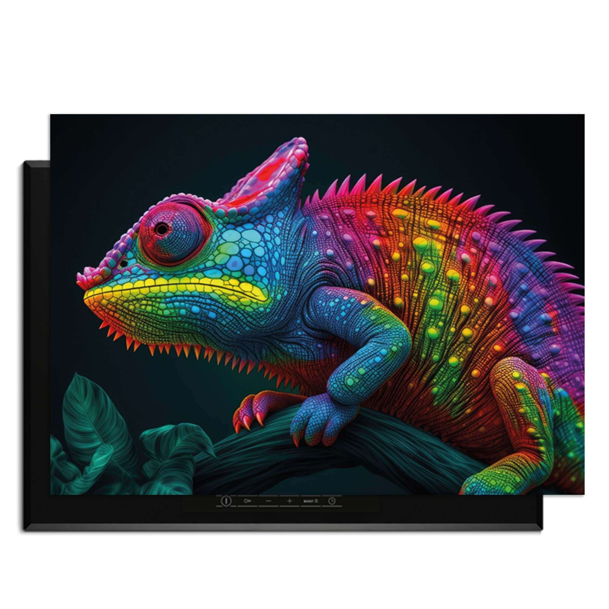 Neon Chameleon - Herdabdeckplatte mit leuchtenden Farben und Dschungel-Vibes für Ihre Küche.