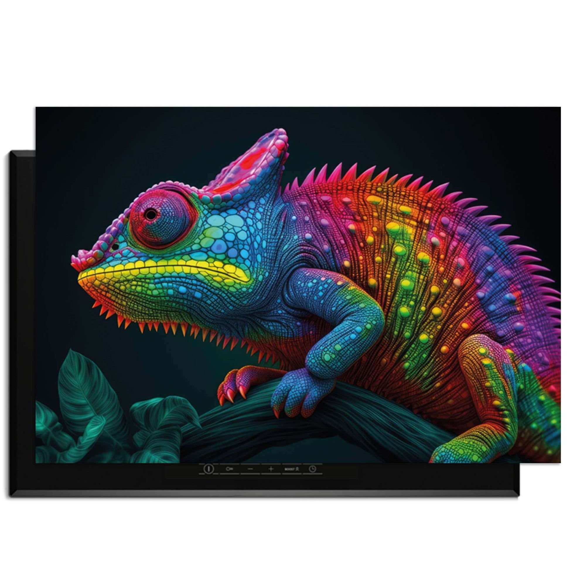 Neon Chameleon - Herdabdeckplatte mit leuchtenden Farben und Dschungelmotiv für trendige Küchen.