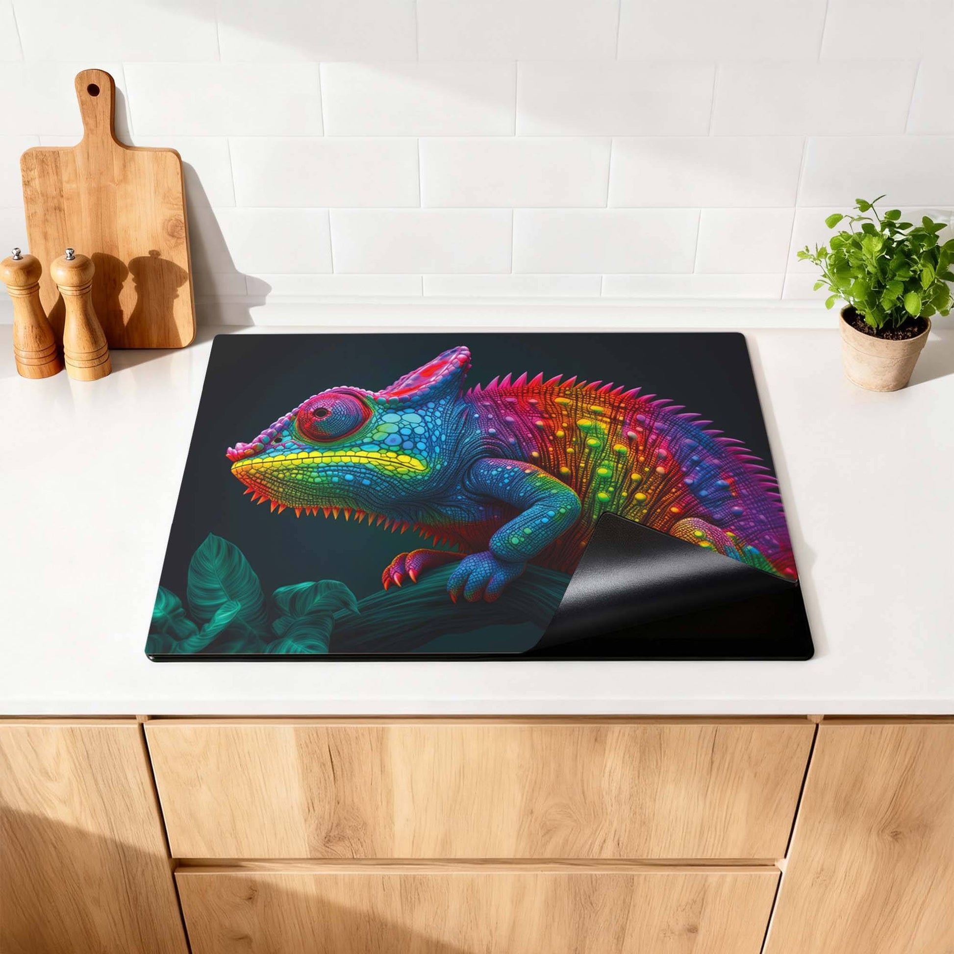 Neon Chameleon - Herdabdeckplatte mit leuchtenden Farben auf einer Küchenoberfläche