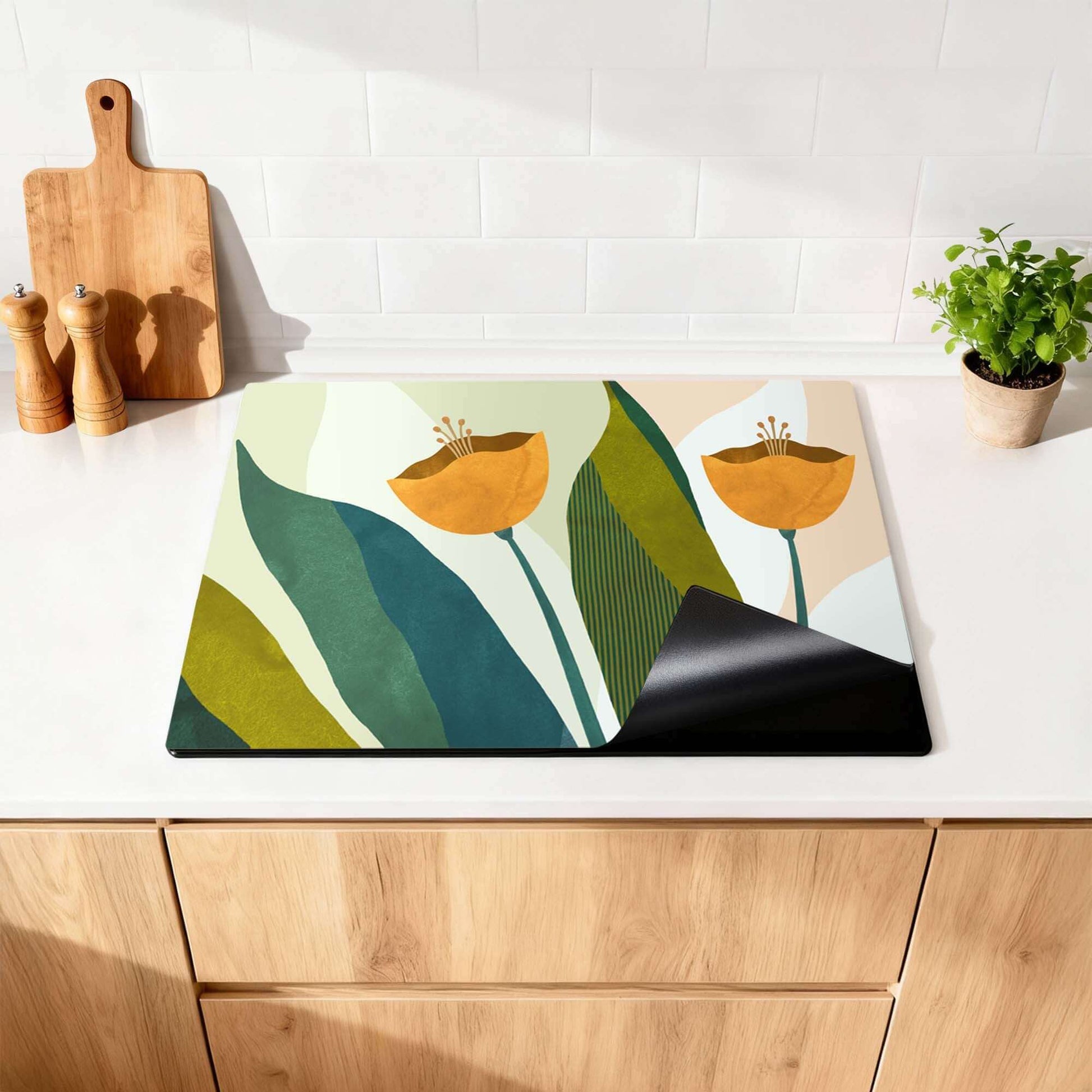 Amber Duo - Herdabdeckplatte mit botanischem Design in der Küche für stilvolles Aussehen und Schutz Induktionskochfeld.