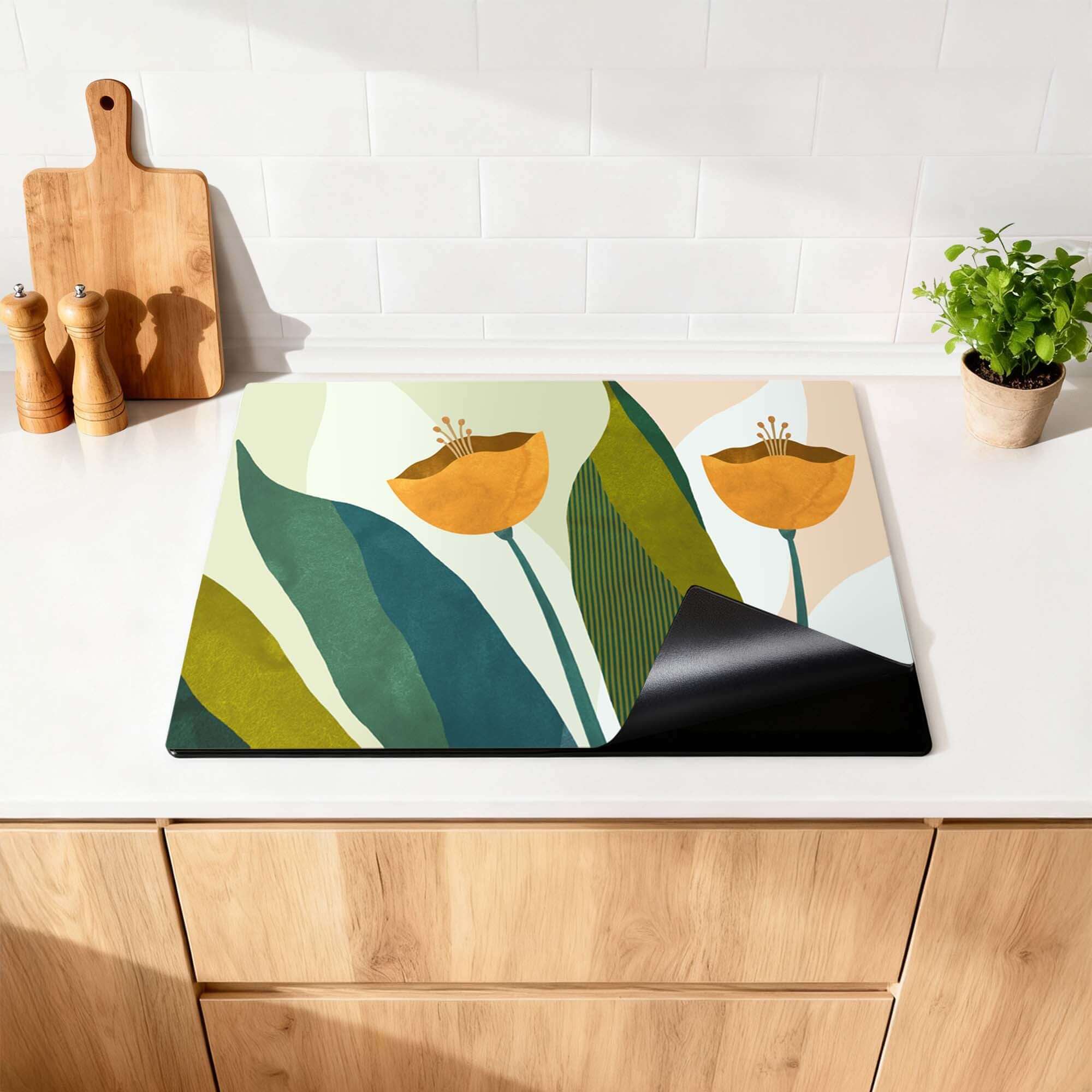 Amber Duo - Herdabdeckplatte mit botanischem Design in der Küche für stilvolles Aussehen und Schutz Induktionskochfeld.