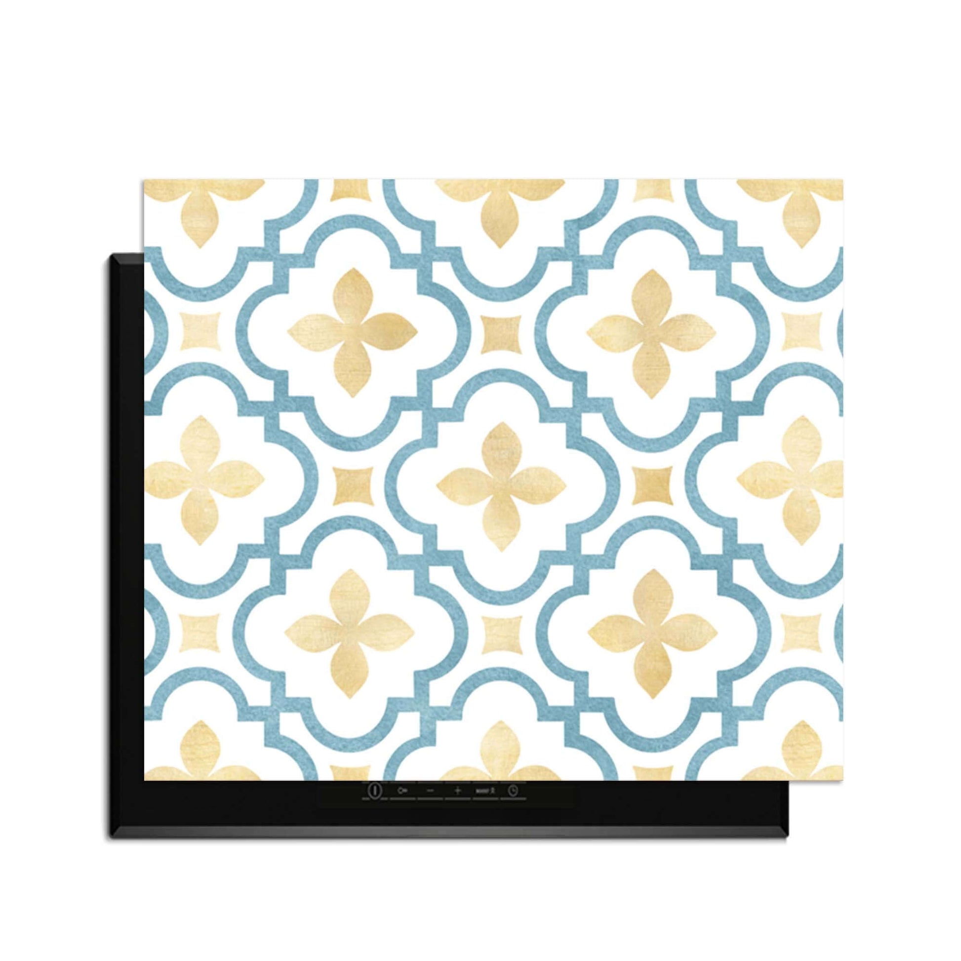 Azure Blossom Tile - Herdabdeckplatte mit goldenem und blauem Kachelmotiv für den mediterranen Stil in der Küche.
